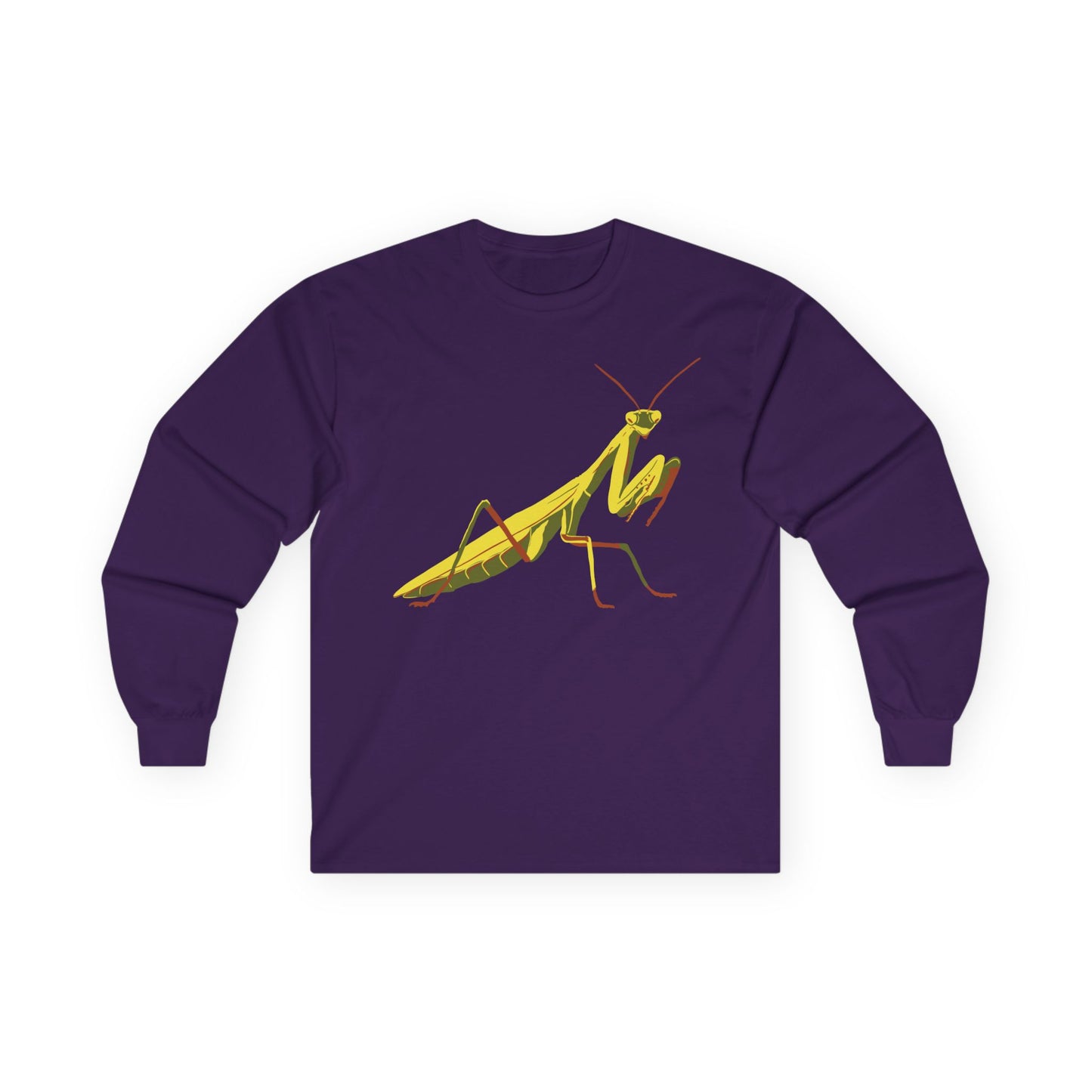 Long sleeve unisex purple shirt featuring an illustration of a yellow and green praying mantis insect on the front.