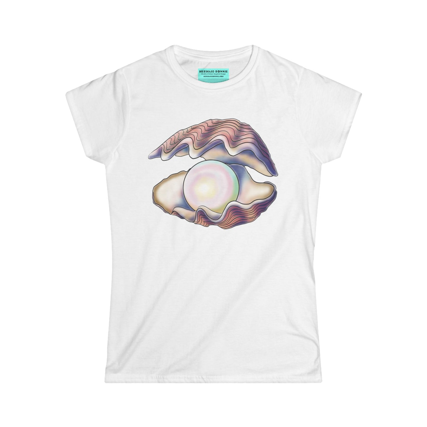 Women’s t-shirt in white featuring an illustration of an open oyster with a large iridescent pearl inside.