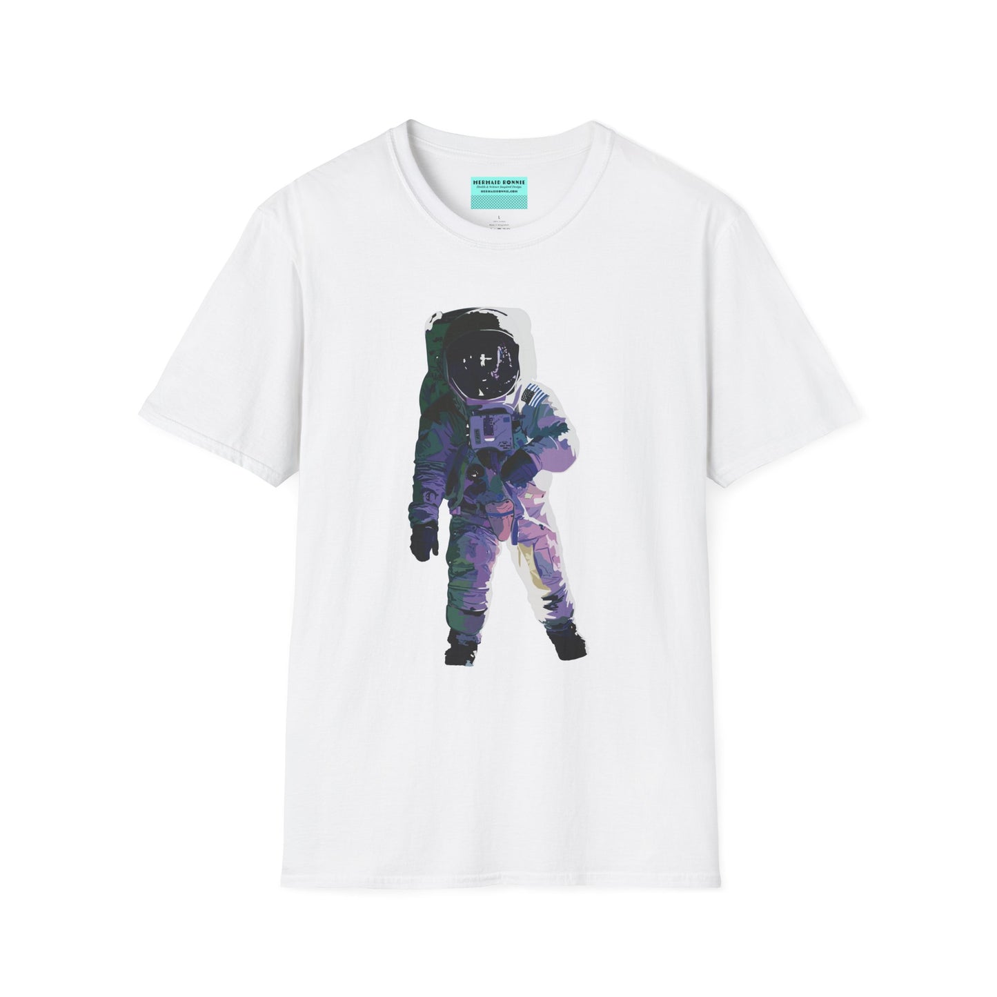 White t-shirt featuring a drawing of an astronaut in a space suit.