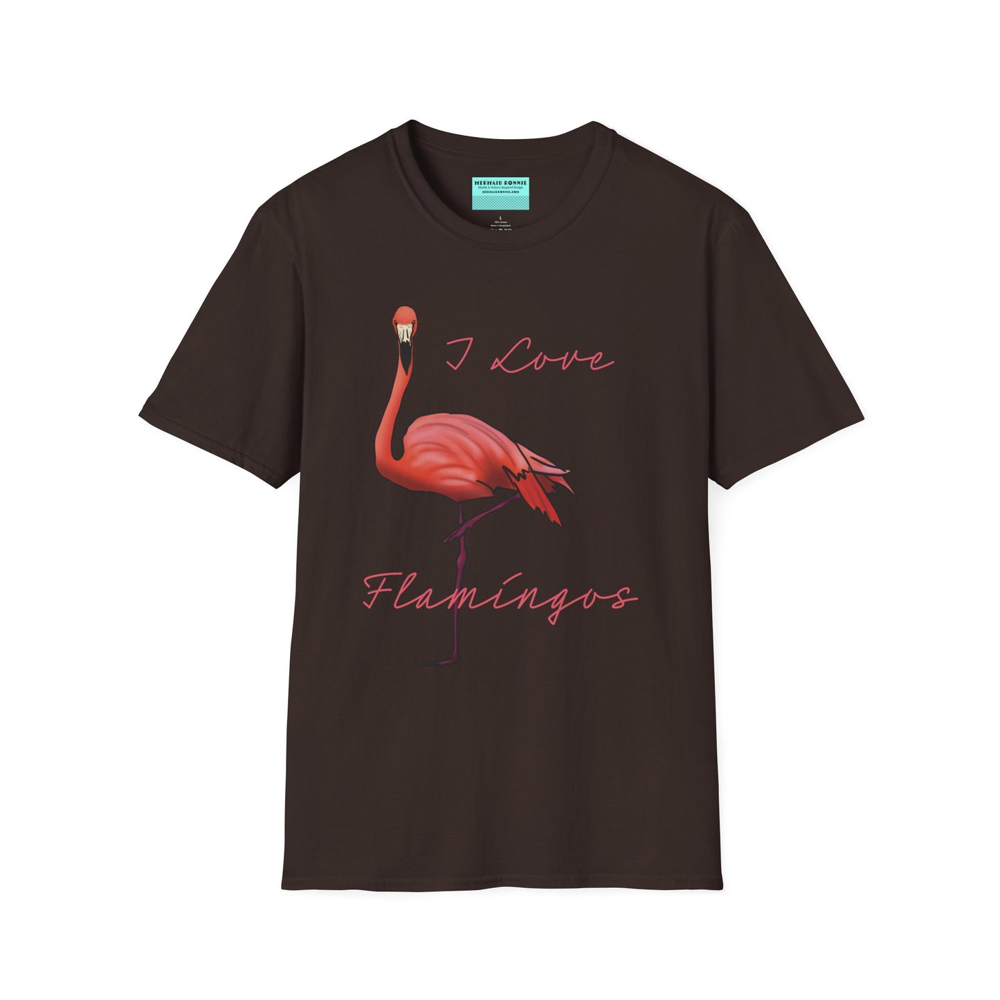 Brown unisex short-sleeve tee with a fabulously pink flamingo strutting its stuff and the words “I love flamingos” — for anyone whose spirit animal stands on one leg.