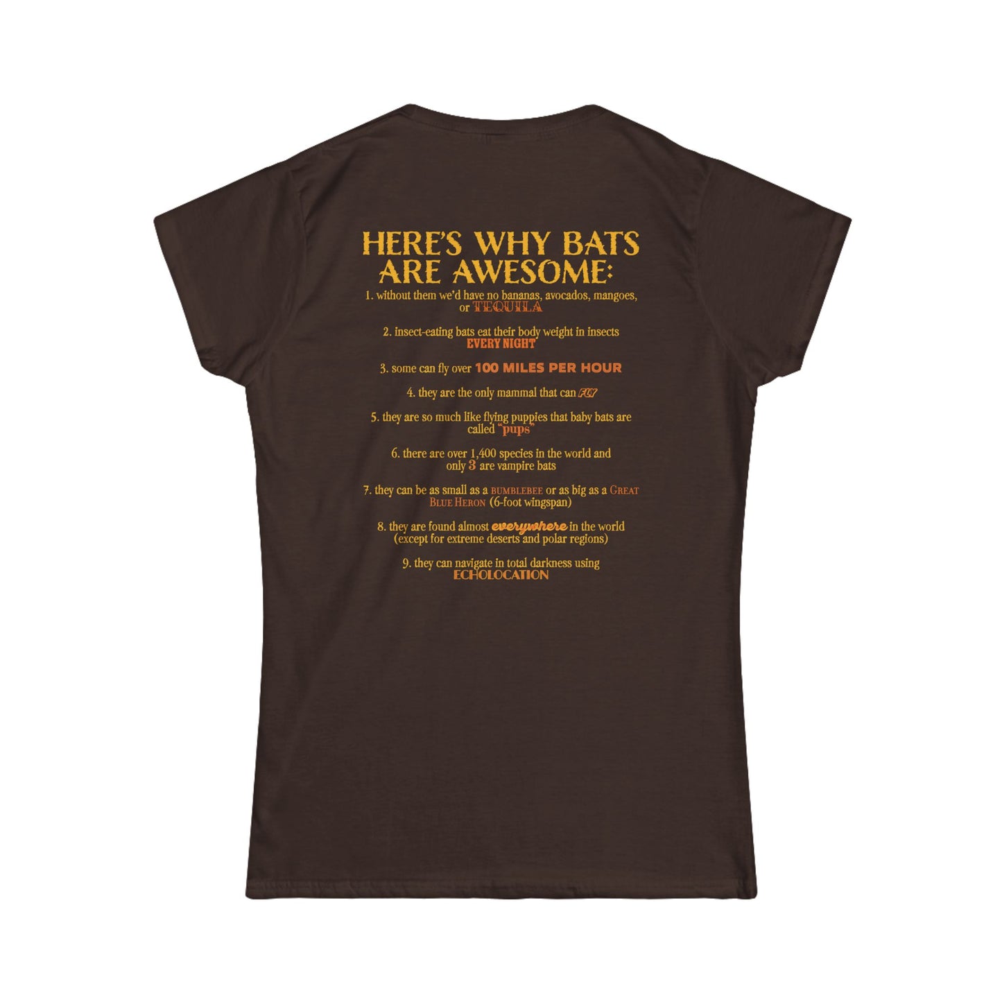 Back of a women’s t-shirt in brown, with the heading 'Here’s why bats are awesome' followed by a list of nine bat facts printed beneath it.