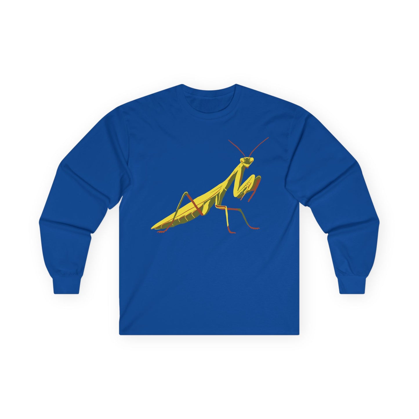 Long sleeve unisex royal blue shirt featuring an illustration of a yellow and green praying mantis insect on the front.