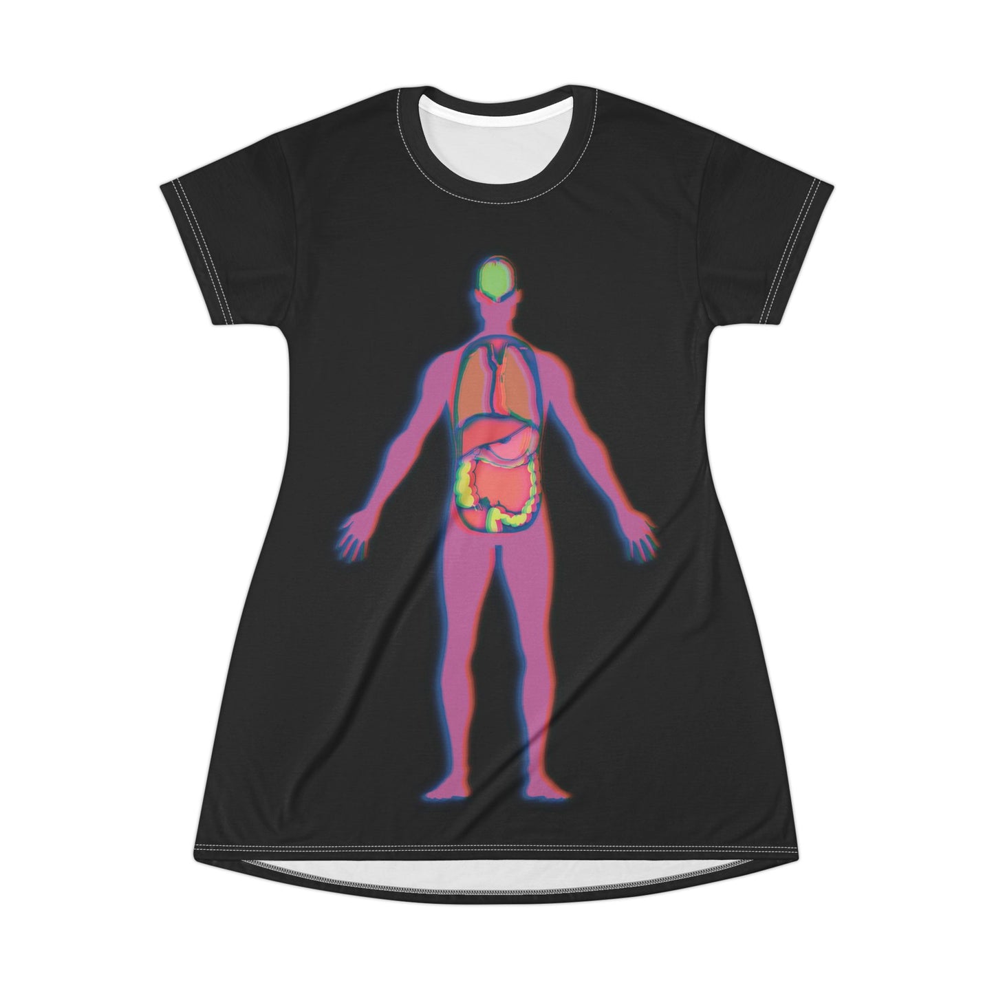 A black t-shirt dress featuring a colorful anatomical illustration of the body’s major visceral organs, including the heart, lungs, liver, stomach, and intestines.