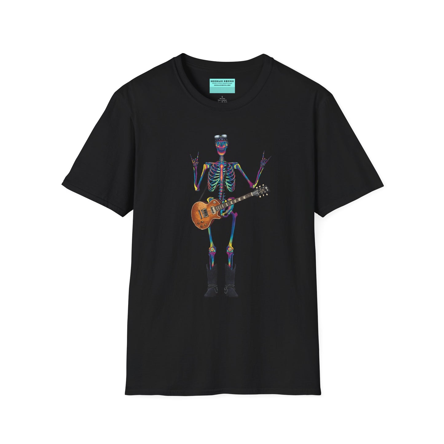 Black t-shirt featuring a tie-dye skeleton holding a guitar, dressed like a classic rocker with boots, a bandana, and rock-style clothing.