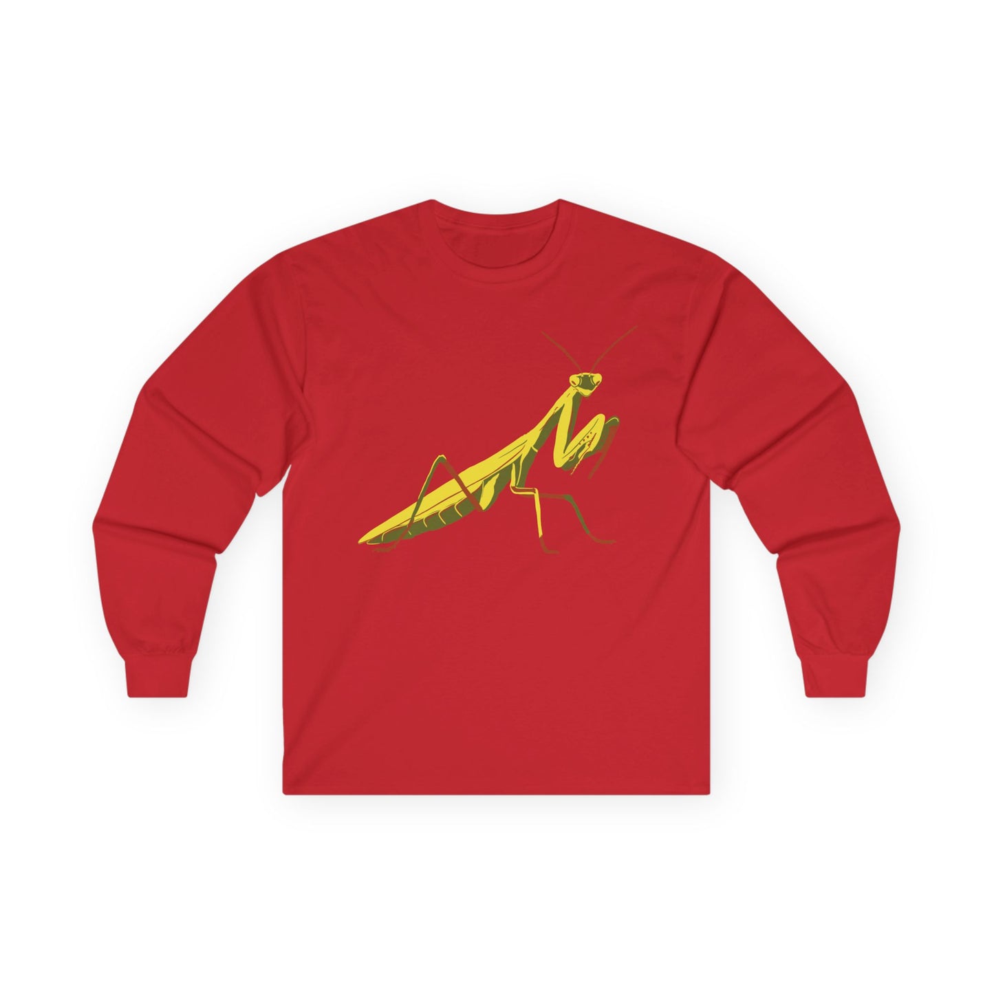 Long sleeve unisex red shirt featuring an illustration of a yellow and green praying mantis insect on the front.