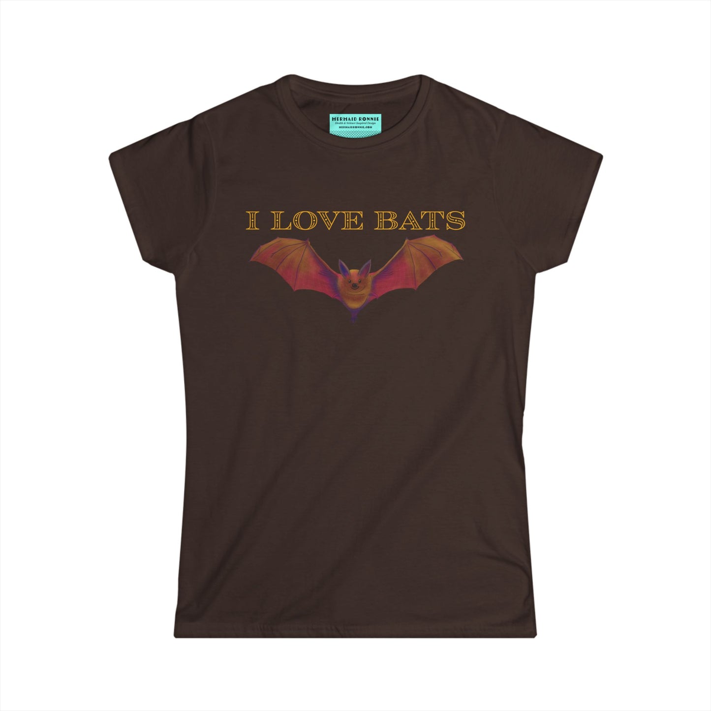 Women’s t-shirt in brown featuring a drawing of a brown bat and text that reads 'I love bats.'