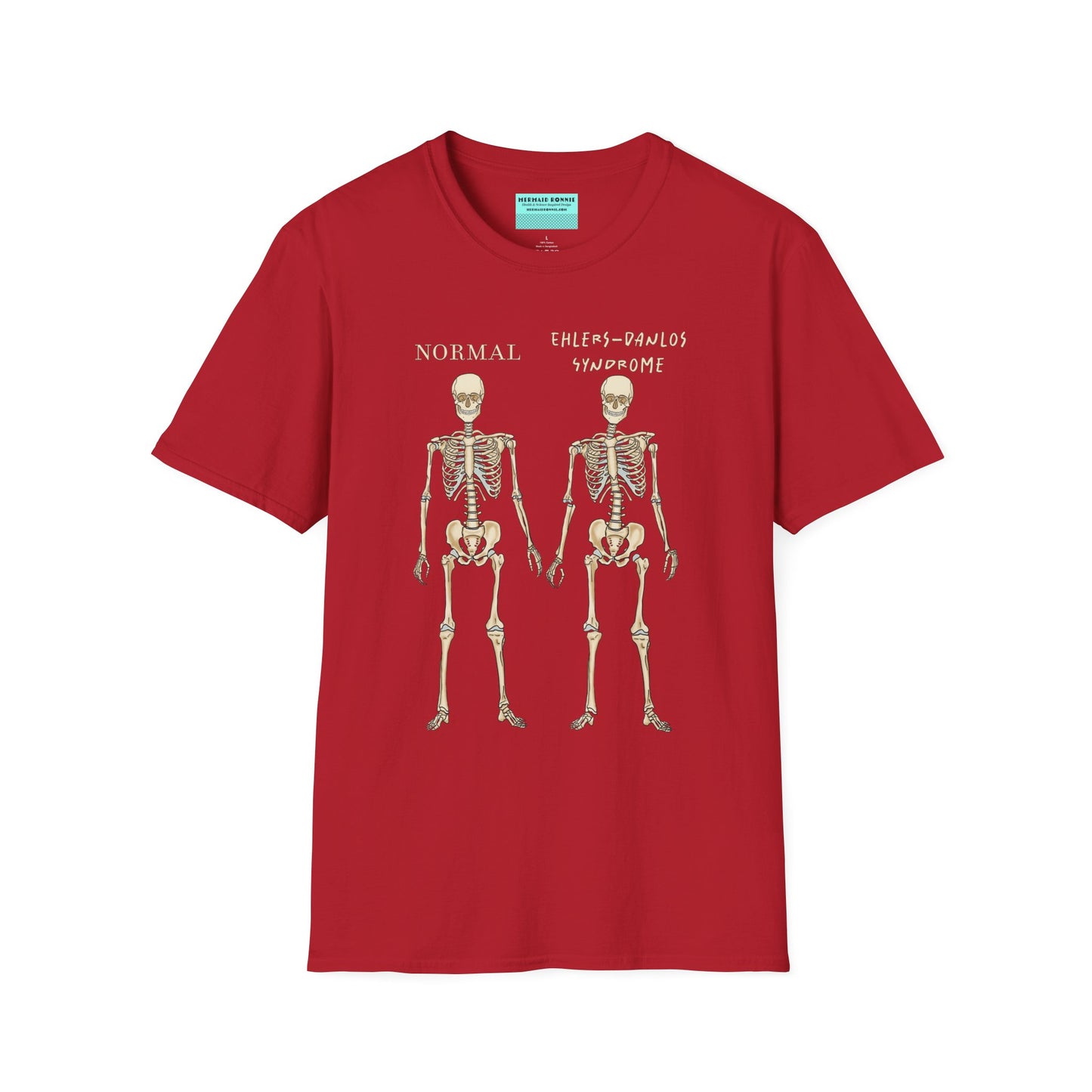 Red unisex short sleeve t-shirt featuring two skeletons side by side—one labeled "normal," the other "Ehlers-Danlos Syndrome"—because connective tissue disorders deserve more visibility (and maybe a sense of humor, too).