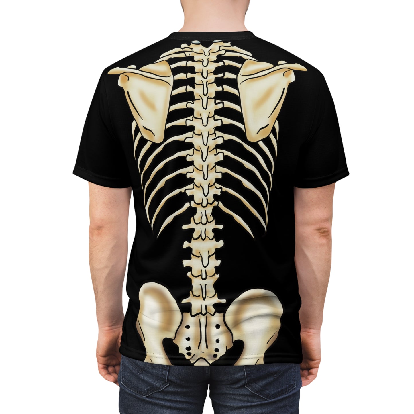 Posterior view of a man wearing a unisex black athletic t-shirt with a detailed anatomical skeleton design that looks like an x-ray—perfect for when you want to flex your muscles and your inner structure.