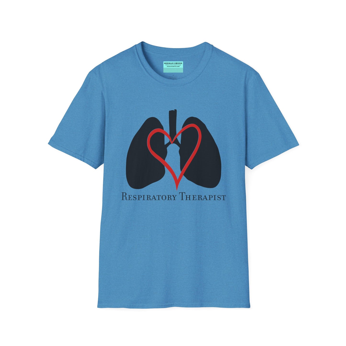 Light blue unisex short sleeve t-shirt with a graphic illustration of a heart and lungs; the words "respiratory therapist" are printed below the design.