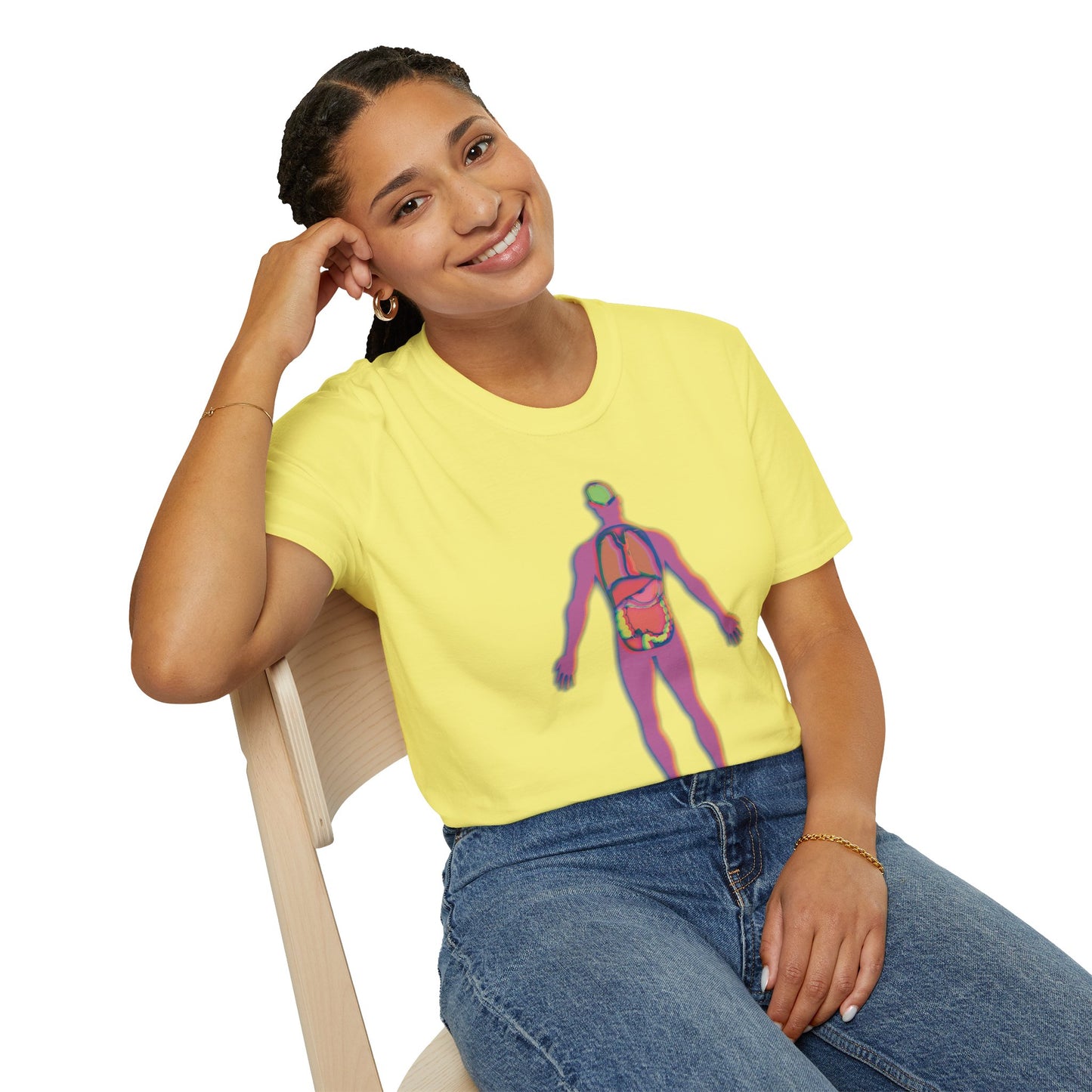 Woman wearing a yellow t-shirt featuring an illustration of an anatomical figure with internal organs shown in different colors.