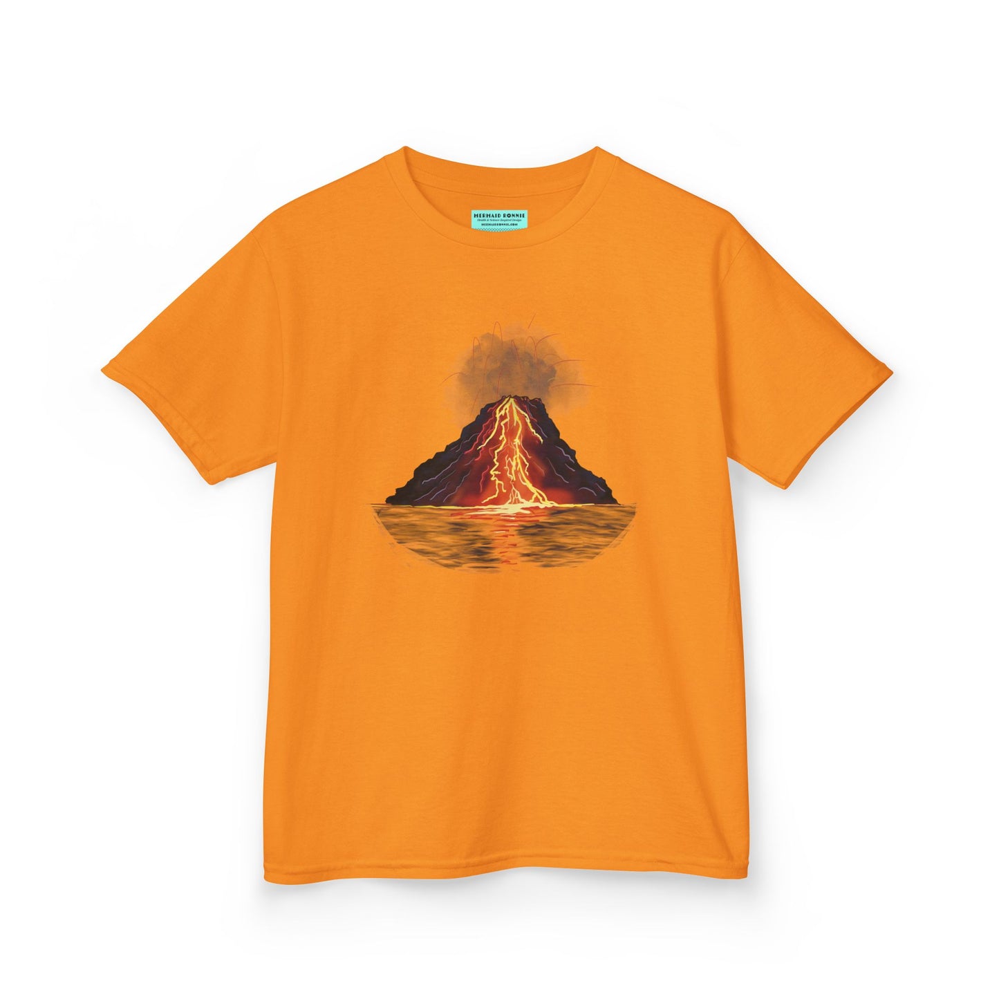 An orange kid's t-shirt featuring a fiery illustration of an erupting volcano—because even the most explosive adventures start with a great outfit!