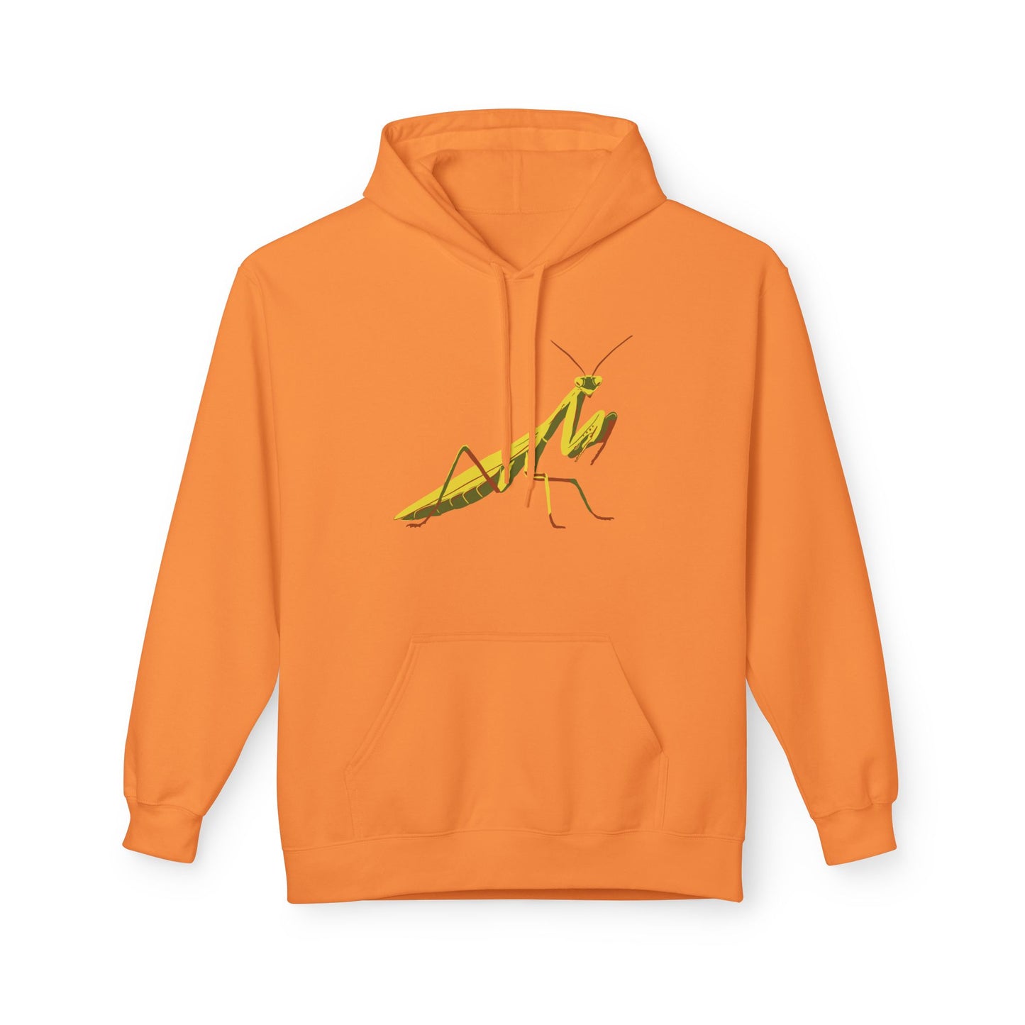 An orange unisex pullover hoodie featuring a striking illustration of a yellow and green praying mantis—because sometimes, you need to channel your inner insect warrior while staying cozy.