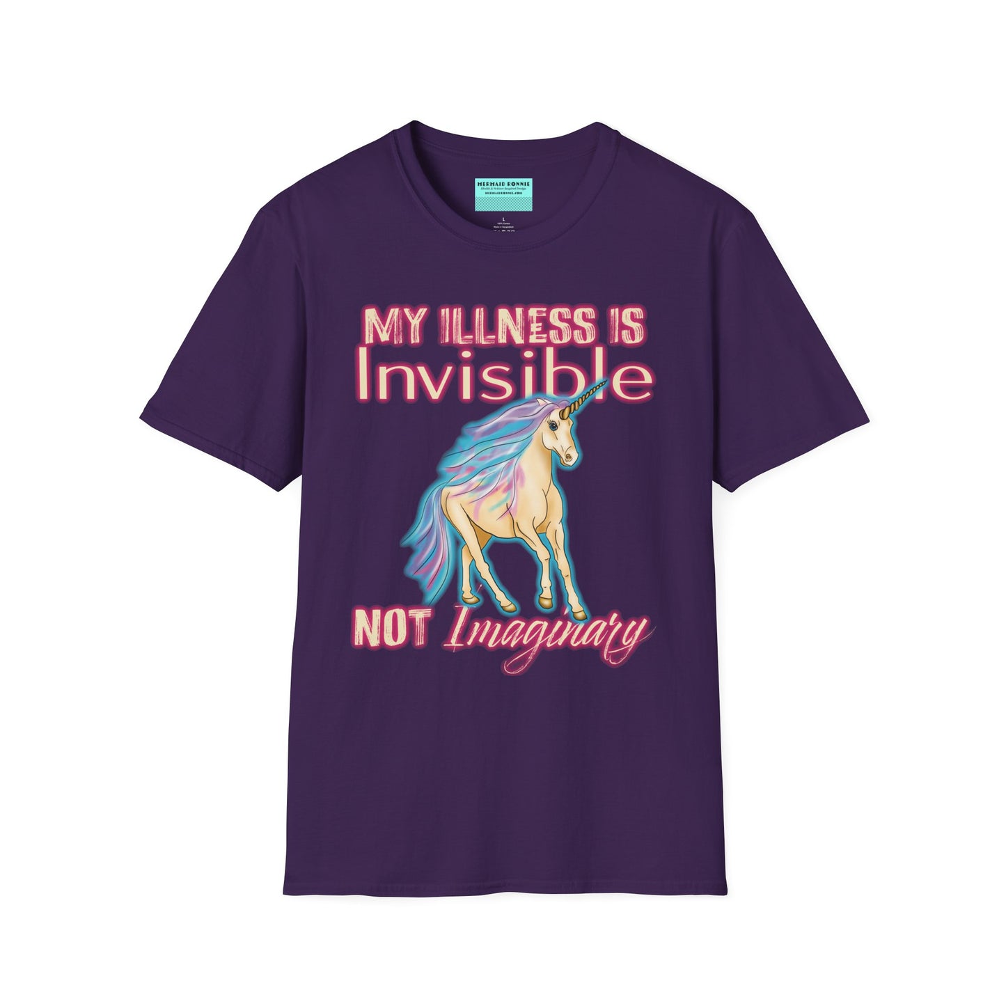 Dark purple shirt featuring a drawing of a unicorn and the phrase 'My illness is invisible not imaginary'.