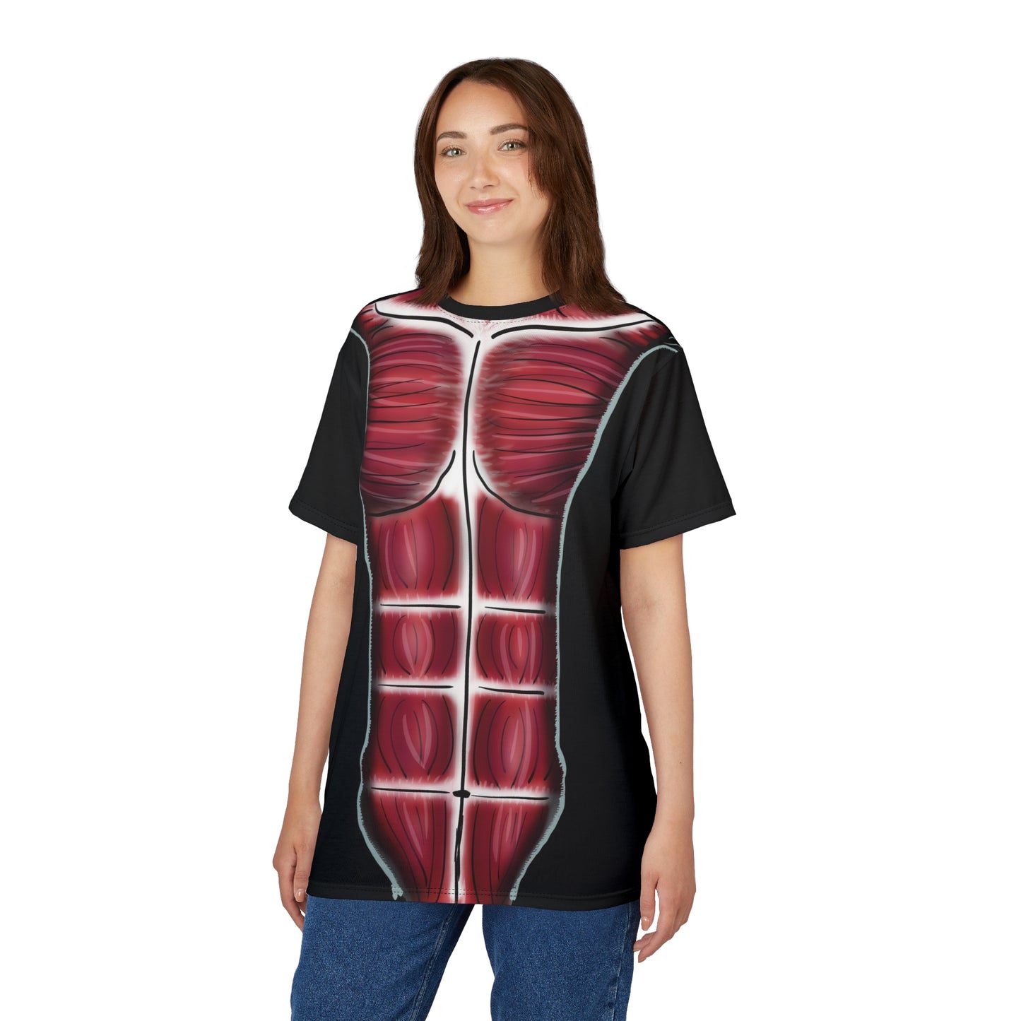 Anterior view of a woman wearing a unisex black athletic t-shirt featuring a clever graphic of a zippered hoodie peeled open to reveal detailed trunk musculature underneath—because who needs X-ray vision when your shirt does the flexing for you?