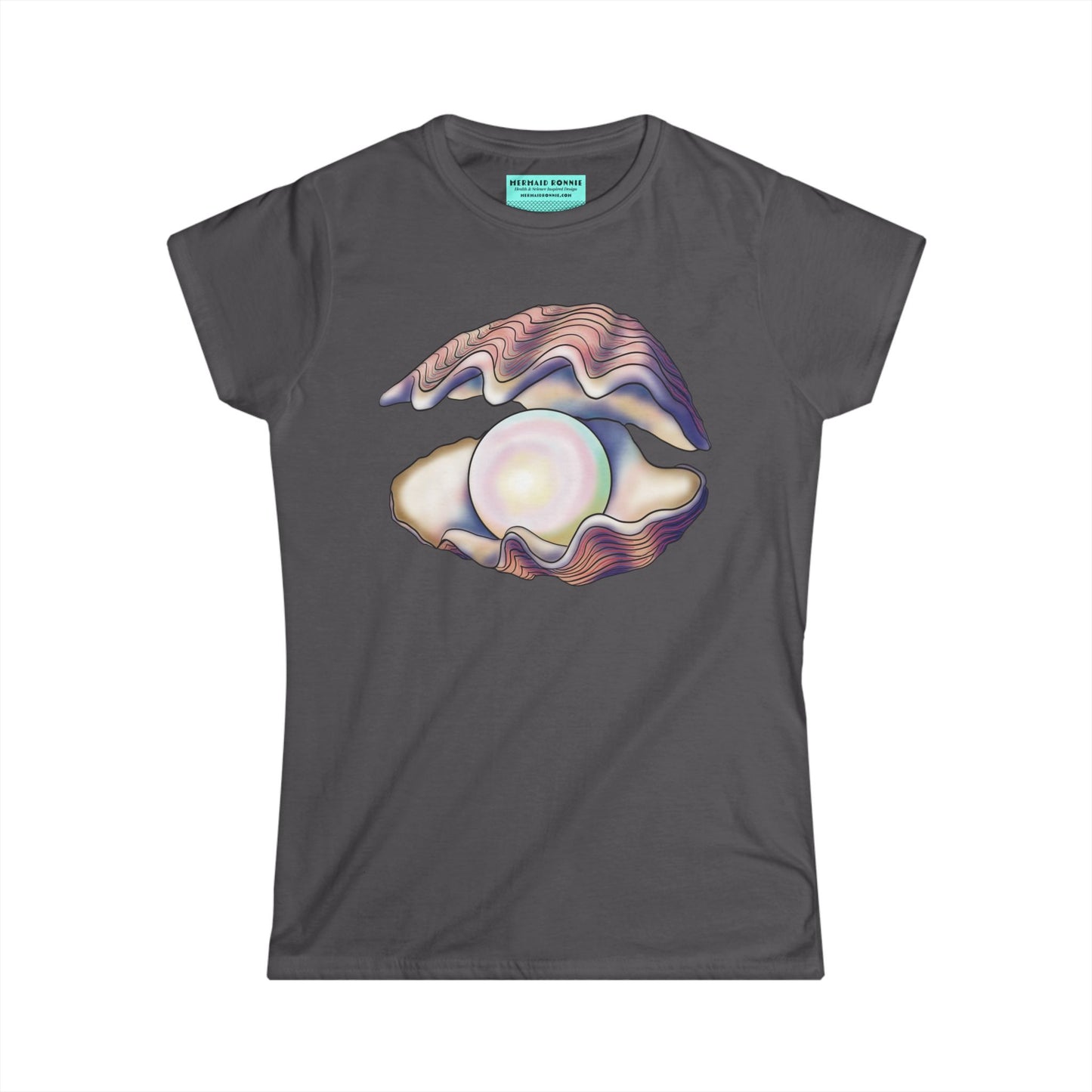 Women’s t-shirt in charcoal grey featuring an illustration of an open oyster with a large iridescent pearl inside.