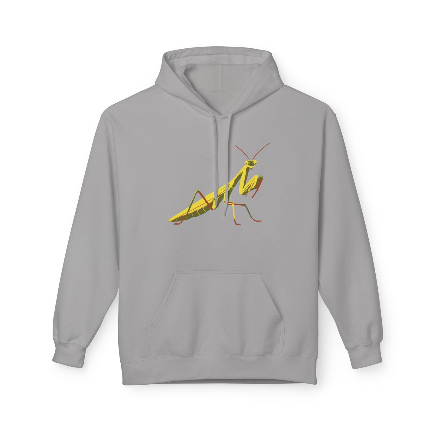 A grey unisex pullover hoodie featuring a striking illustration of a yellow and green praying mantis—because sometimes, you need to channel your inner insect warrior while staying cozy.