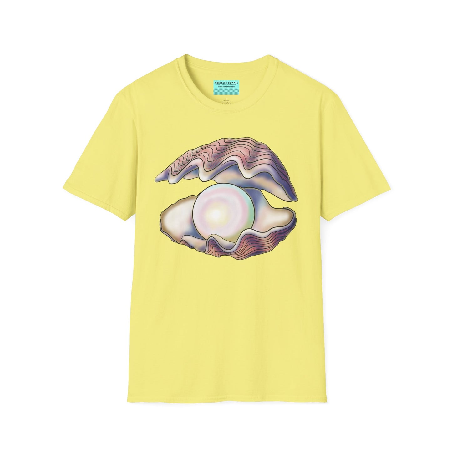 Yellow t-shirt featuring an illustration of a large oyster with a luminescent pearl inside.