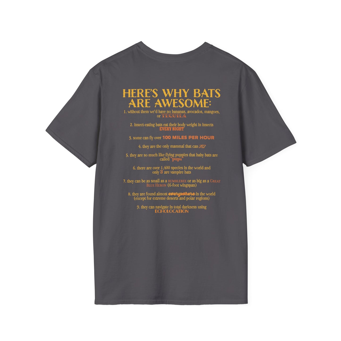 Back of a charcoal grey t-shirt that reads “Here’s why bats are awesome,” followed by a fun list of 9 bat facts—because who doesn’t want wearable proof that bats are the underrated rockstars of the animal kingdom?