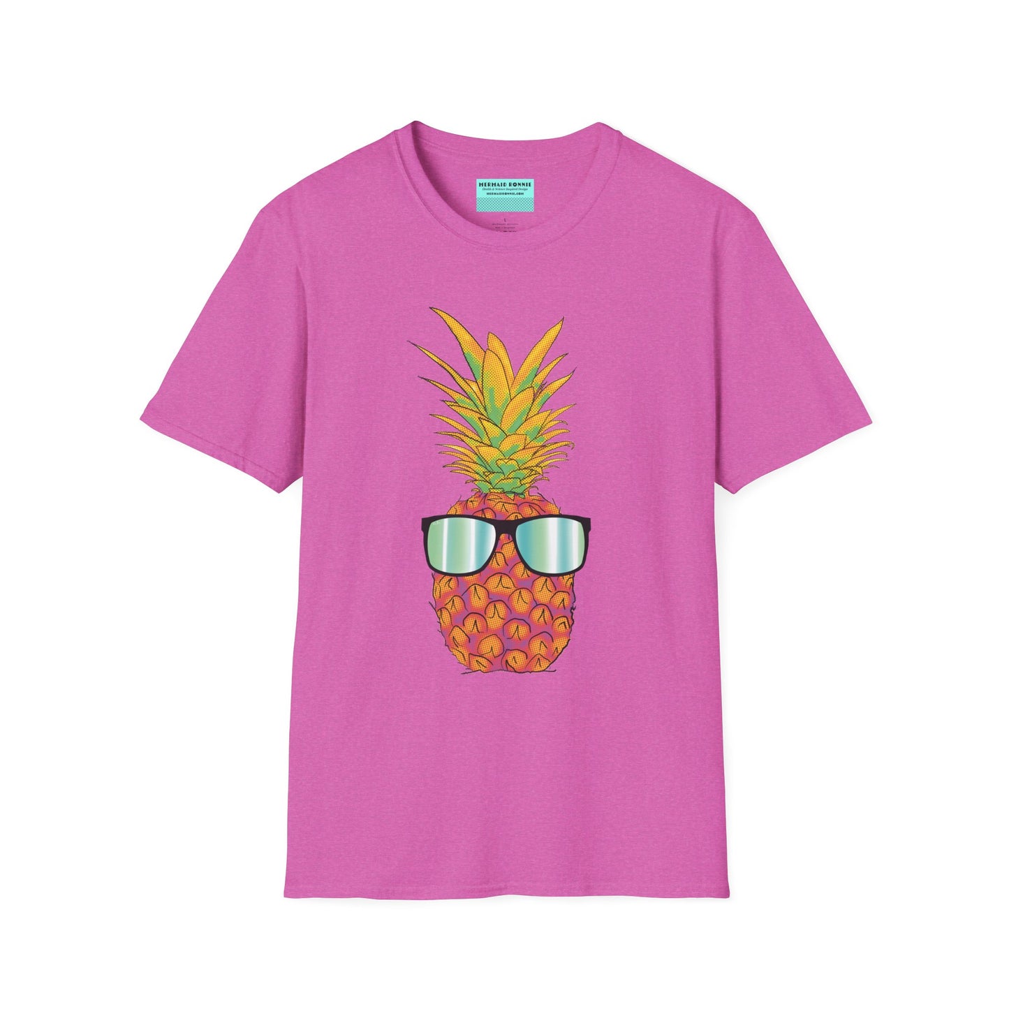 Pink t-shirt featuring a drawing of a pineapple wearing sunglasses.