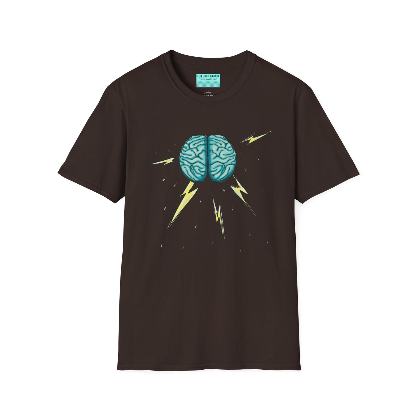 Brown unisex short sleeve tee featuring an illustration of a brain with lightning bolts and rain pouring from it, giving a literal twist to the term "brainstorm"—because sometimes, even the best ideas need a little weathering!