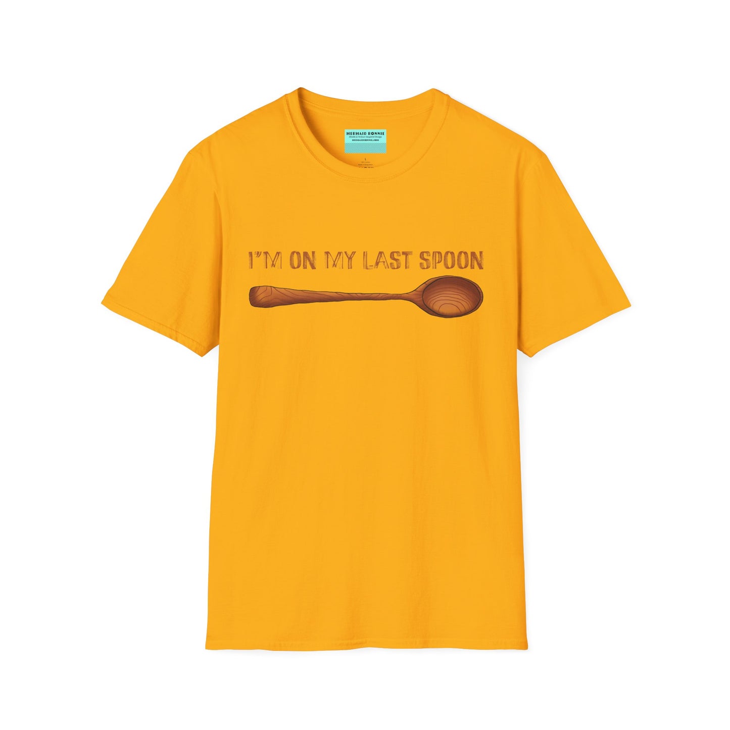 Yellow t-shirt with an illustration of a wooden spoon and the phrase 'I'm on my last spoon' printed on the front.