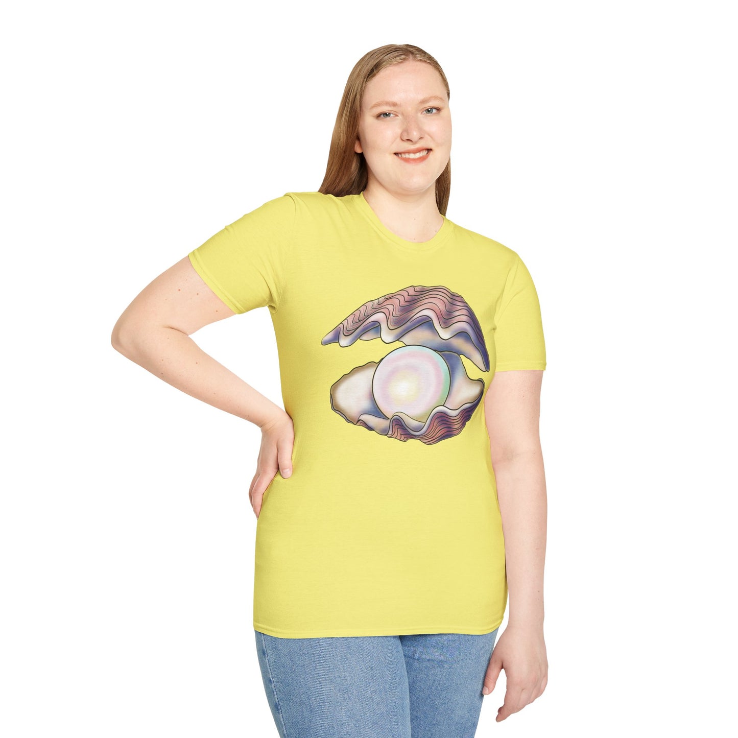 Woman wearing a yellow t-shirt featuring an illustration of a large oyster with a luminescent pearl inside.