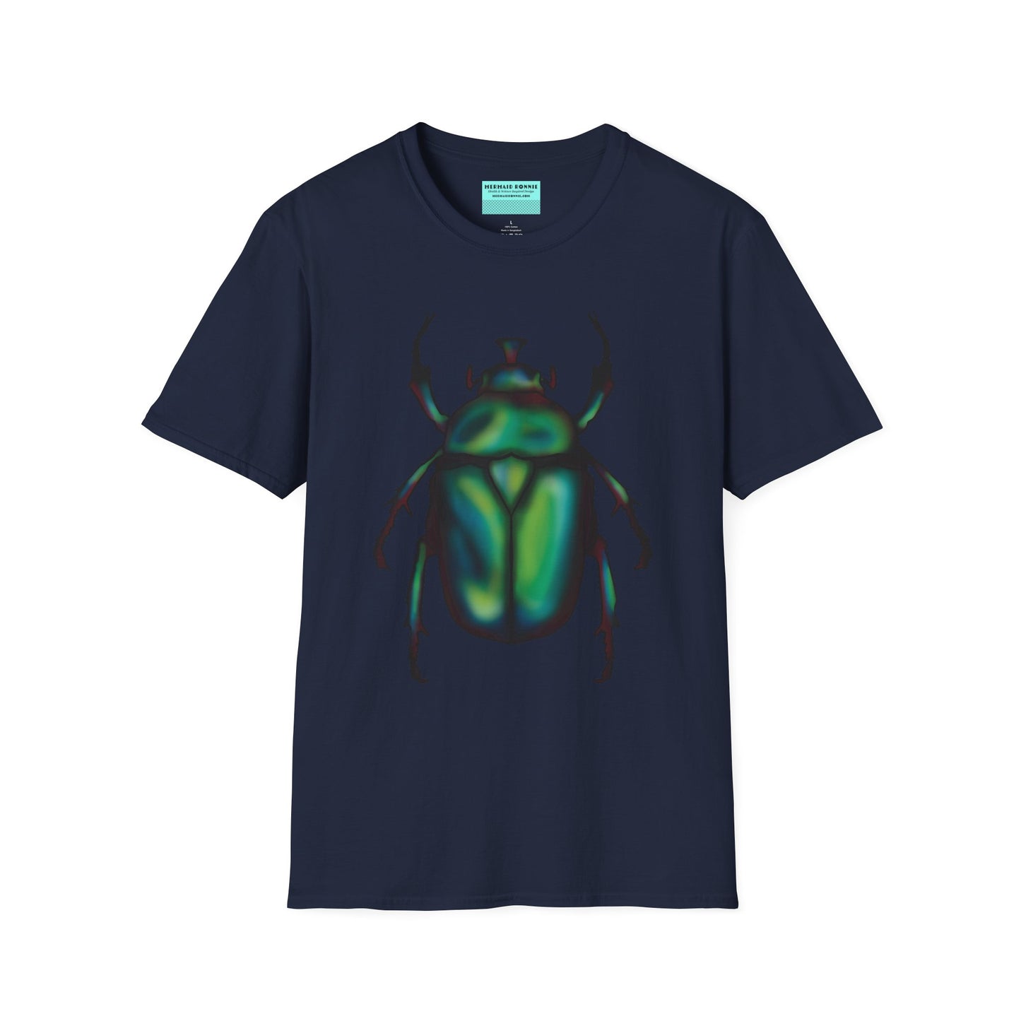Navy t-shirt featuring an illustration of a June bug (green chafer beetle) across the chest.