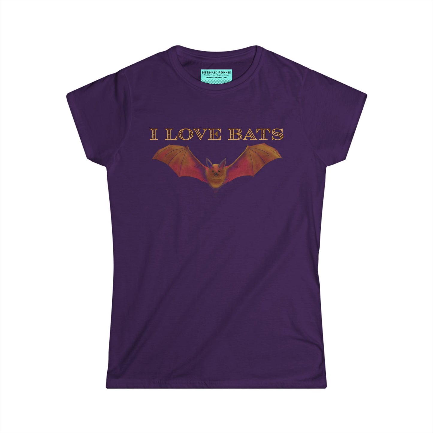 Women’s t-shirt in dark purple featuring a drawing of a brown bat and text that reads 'I love bats.'