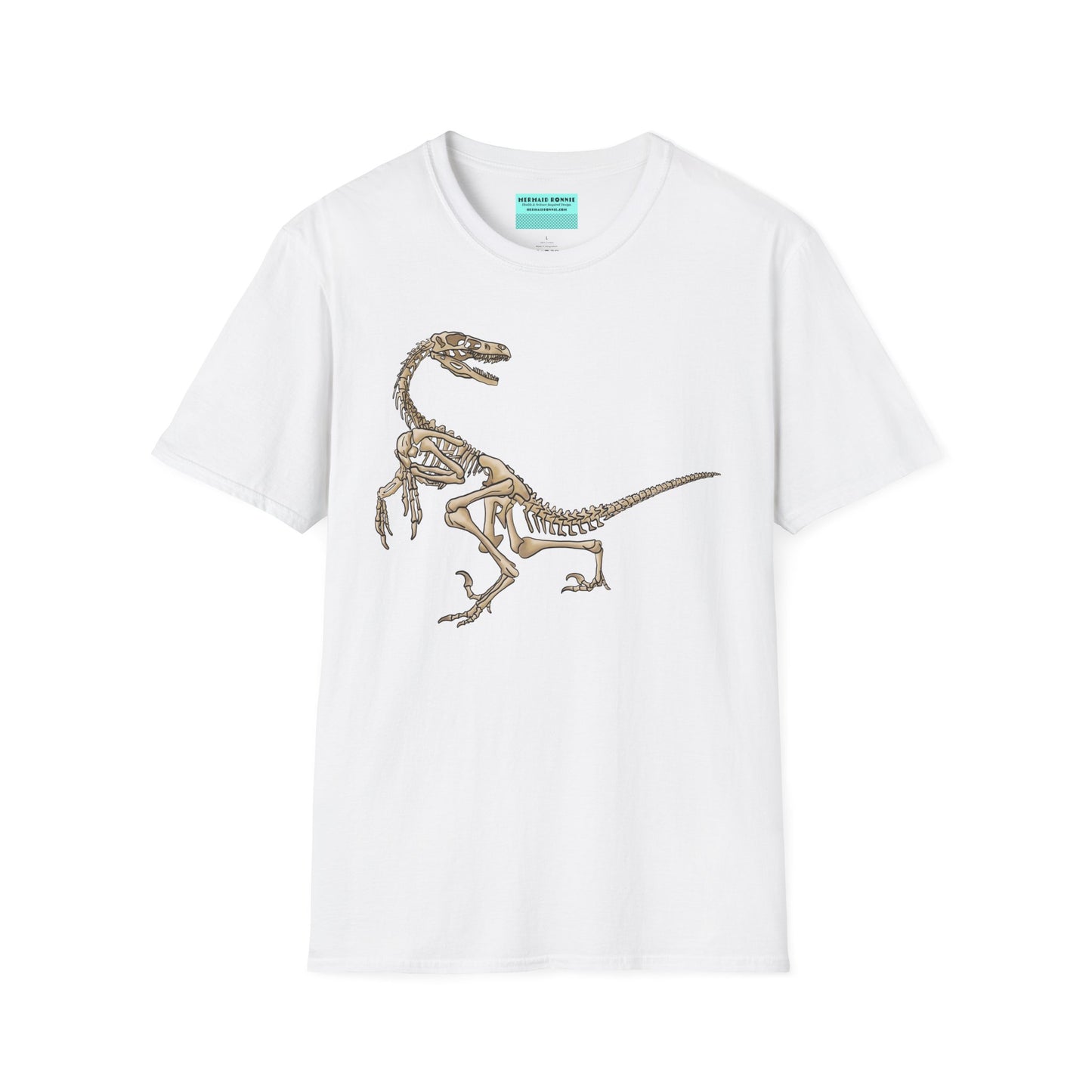 White unisex short sleeve t-shirt with a fierce velociraptor skeleton strutting across the chest—because who says extinct can’t be stylish?