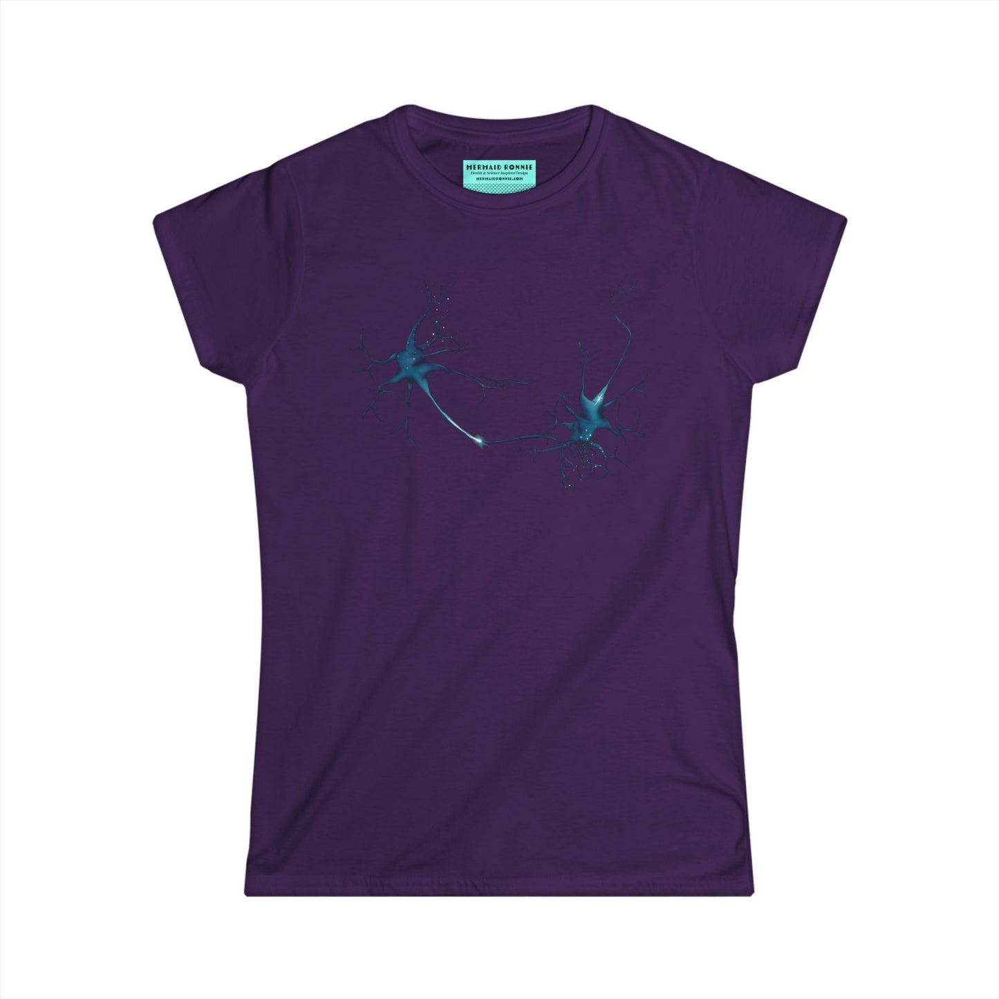 Women’s t-shirt in dark purple featuring an illustration of two multipolar neurons forming a synapse.