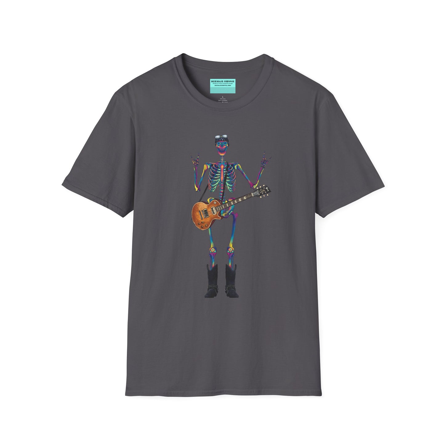 Dark grey t-shirt featuring a tie-dye skeleton holding a guitar, dressed like a classic rocker with boots, a bandana, and rock-style clothing.