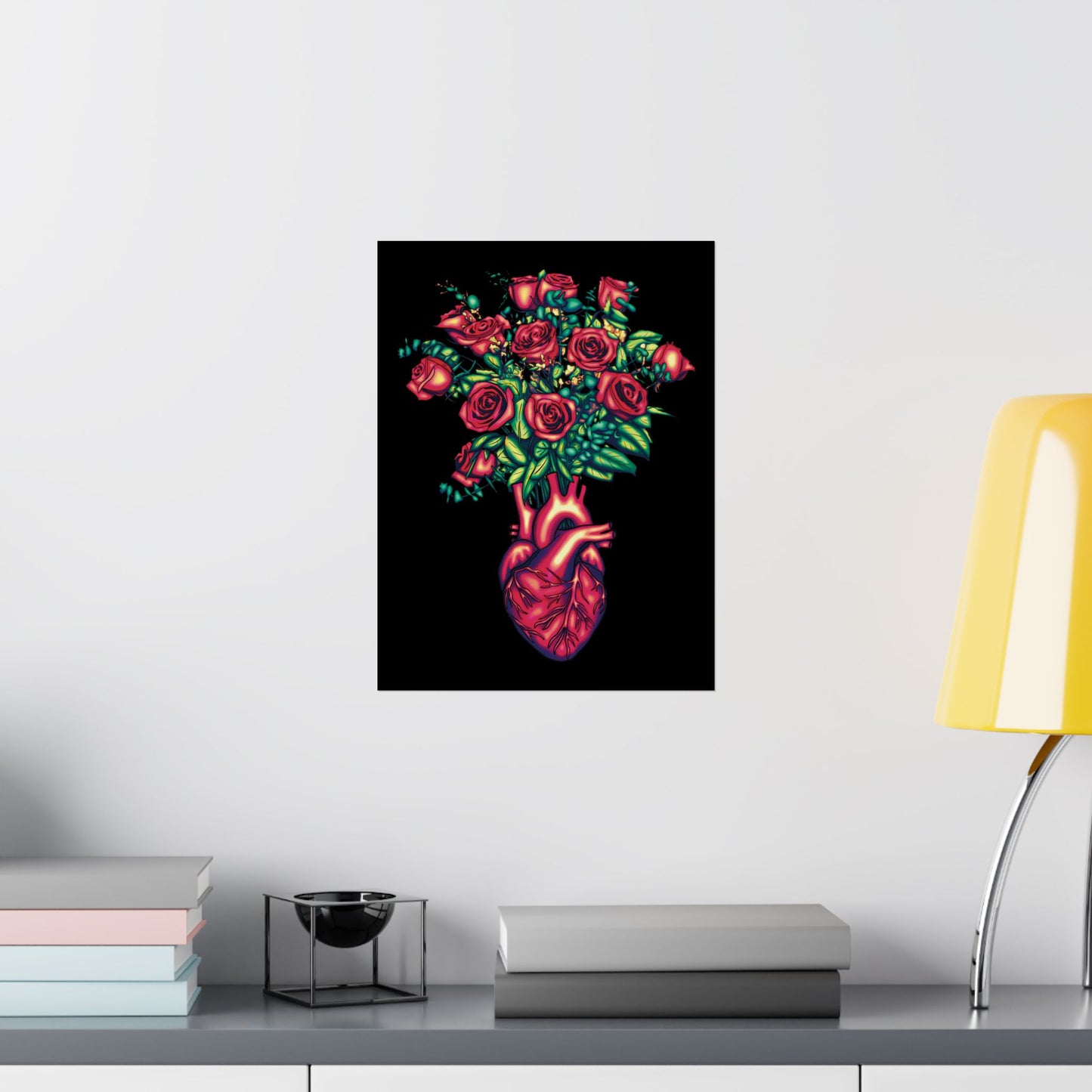 Anatomical Heart with Roses Art Print, Gothic Wall Decor Poster, Black and Red Floral Wall Poster