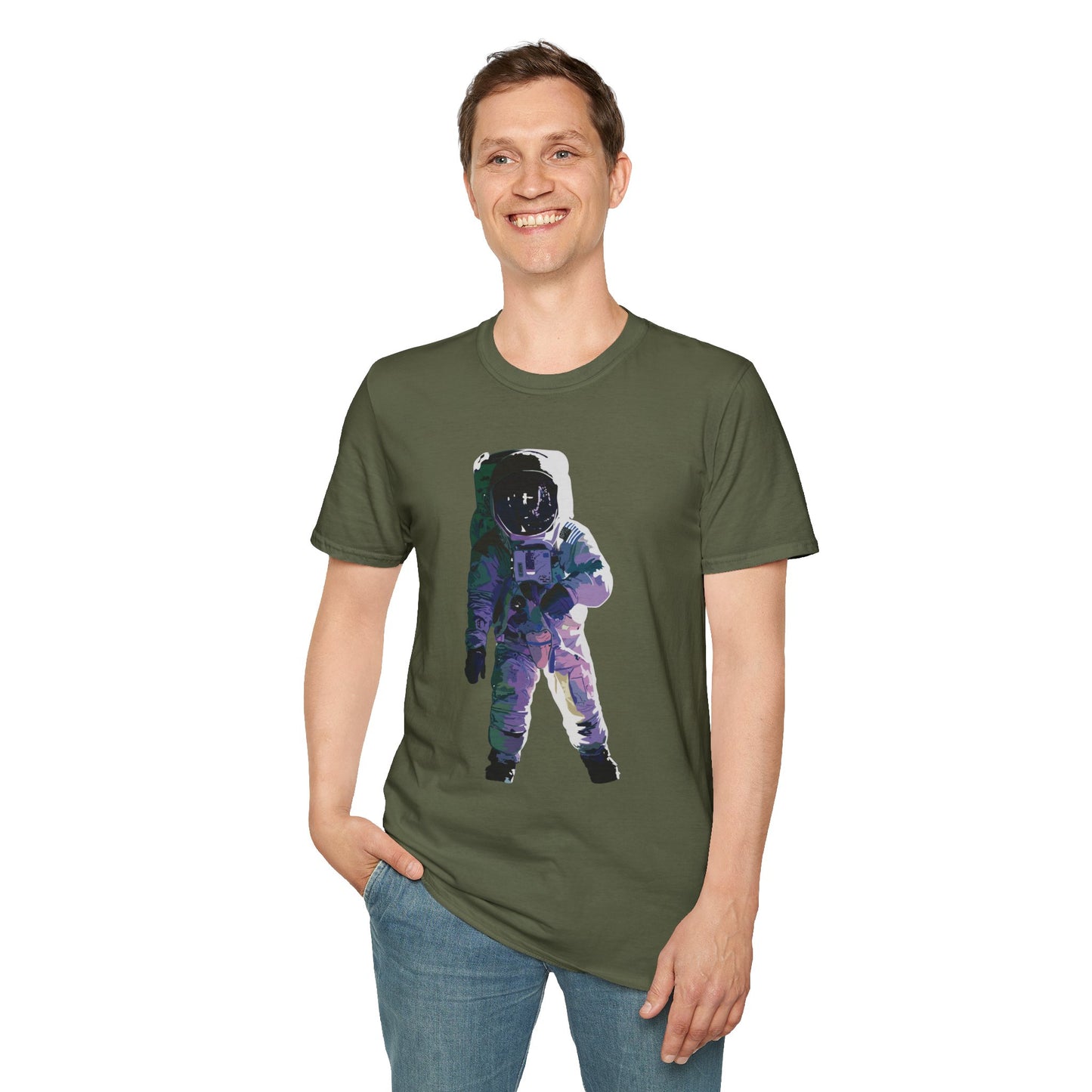 Man wearing a green t-shirt featuring a drawing of an astronaut in a space suit.