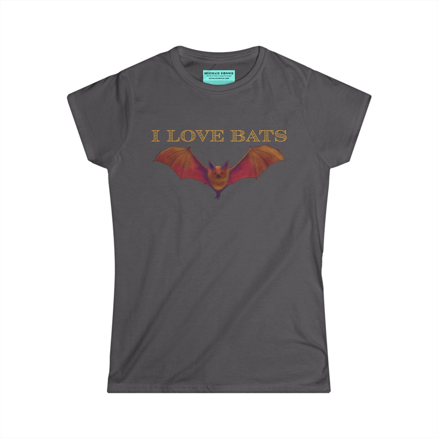 Women’s t-shirt in charcoal grey featuring a drawing of a brown bat and text that reads 'I love bats.'