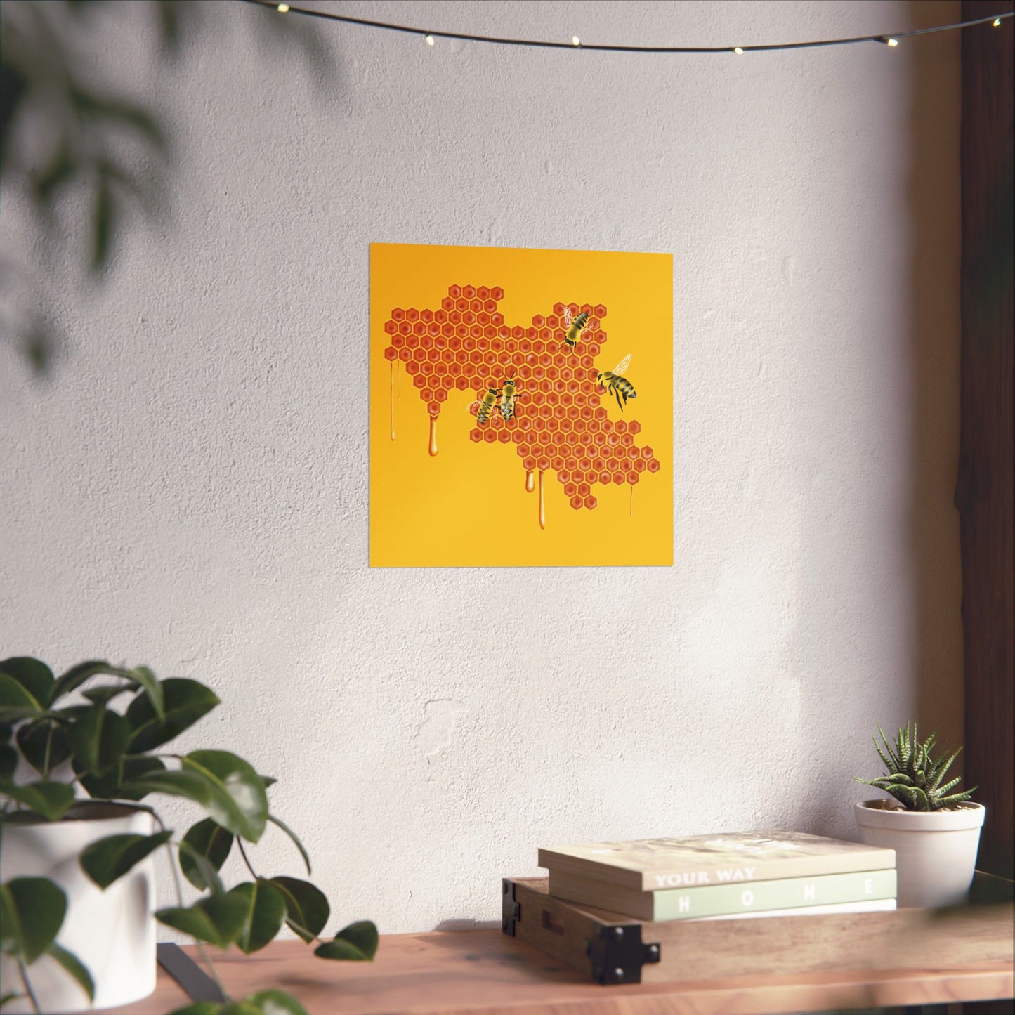 Honeybees on Honeycomb Wall Art Print, Dripping Honey, Yellow and Orange Nature Poster
