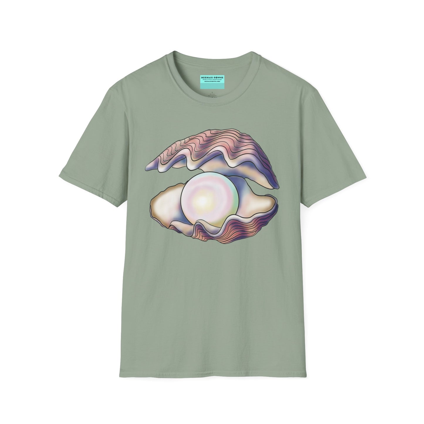 Green t-shirt featuring an illustration of a large oyster with a luminescent pearl inside.