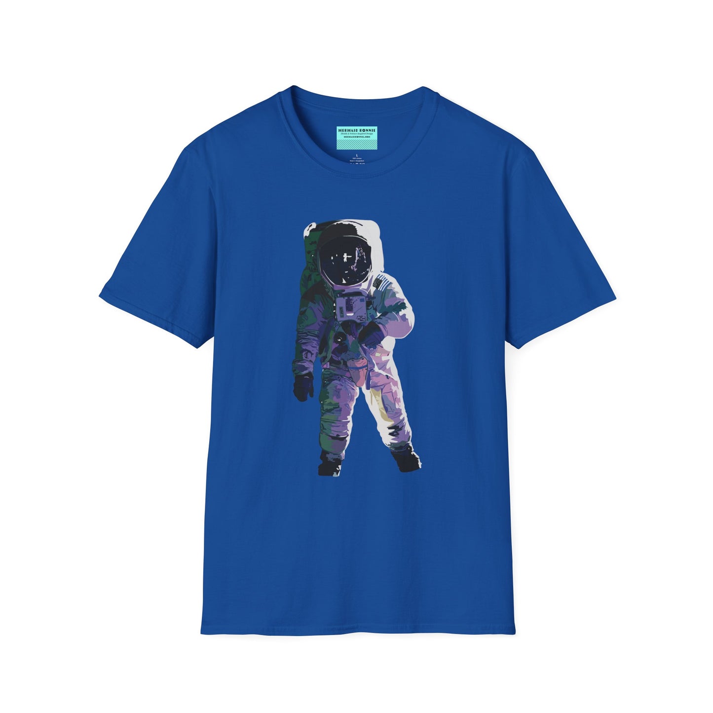 Royal blue t-shirt featuring a drawing of an astronaut in a space suit.