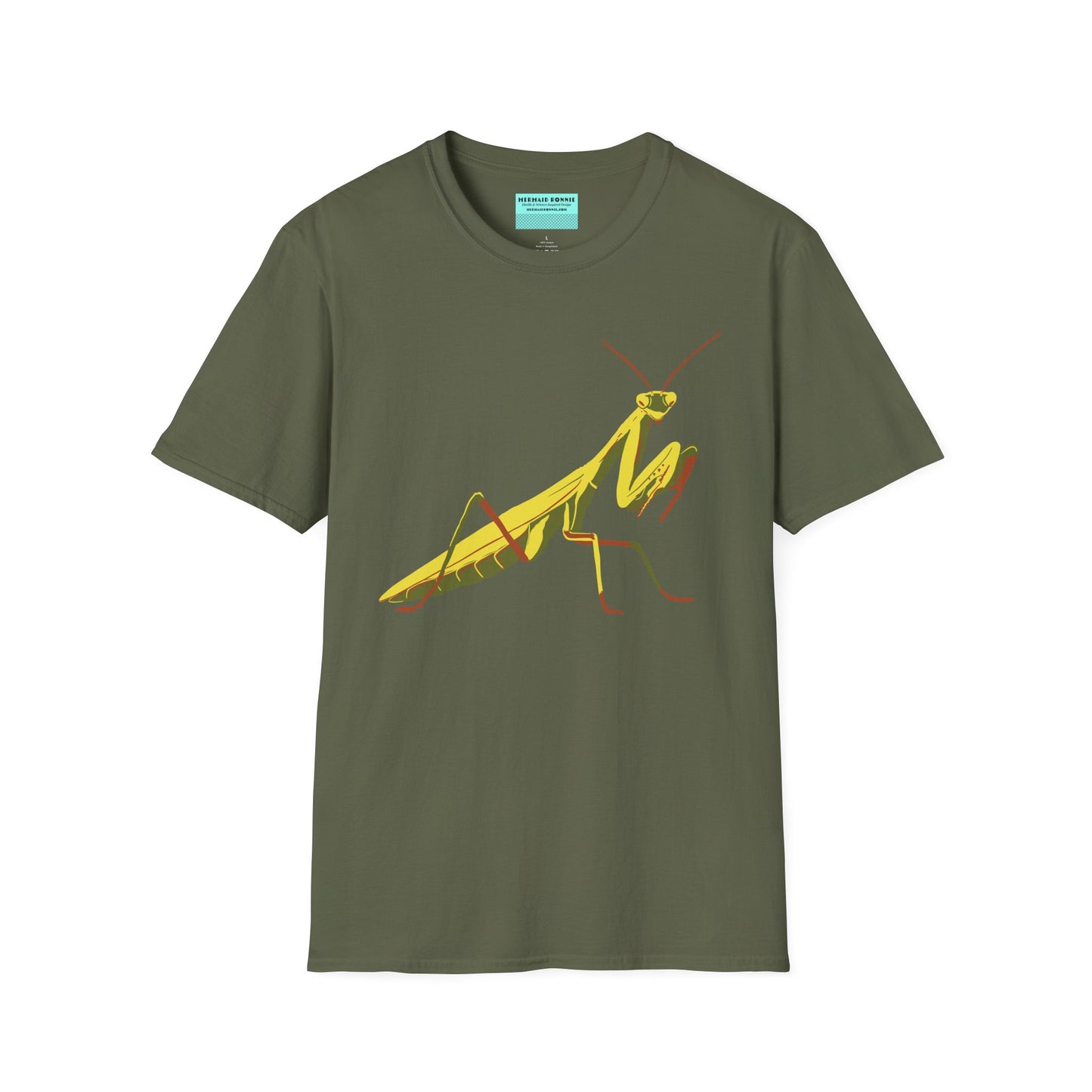Military green t-shirt featuring an illustration of a green praying mantis on the front.