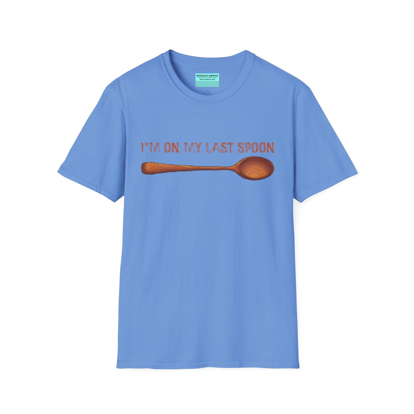 Blue t-shirt with an illustration of a wooden spoon and the phrase 'I'm on my last spoon' printed on the front.