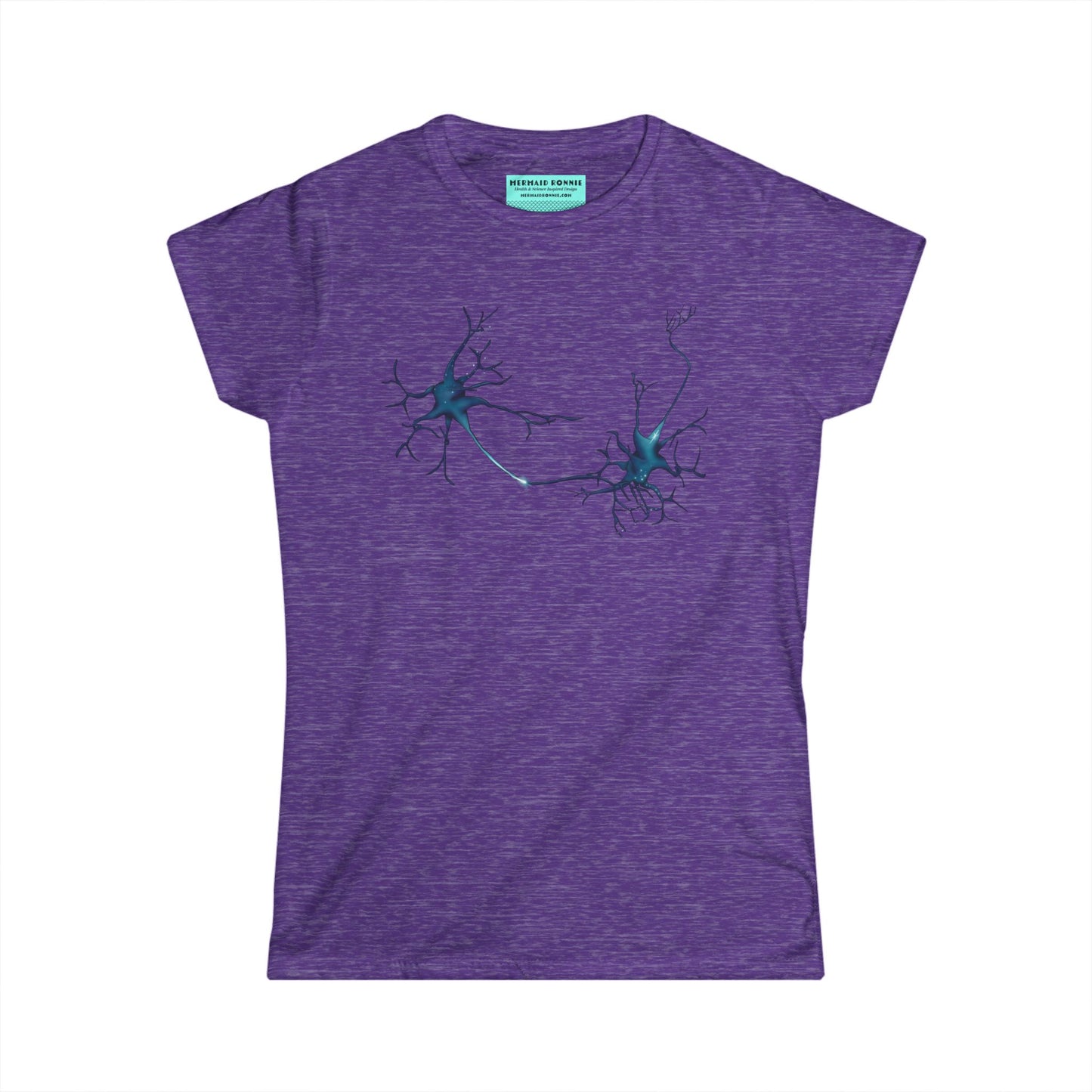 Women’s t-shirt in heather purple featuring an illustration of two multipolar neurons forming a synapse.