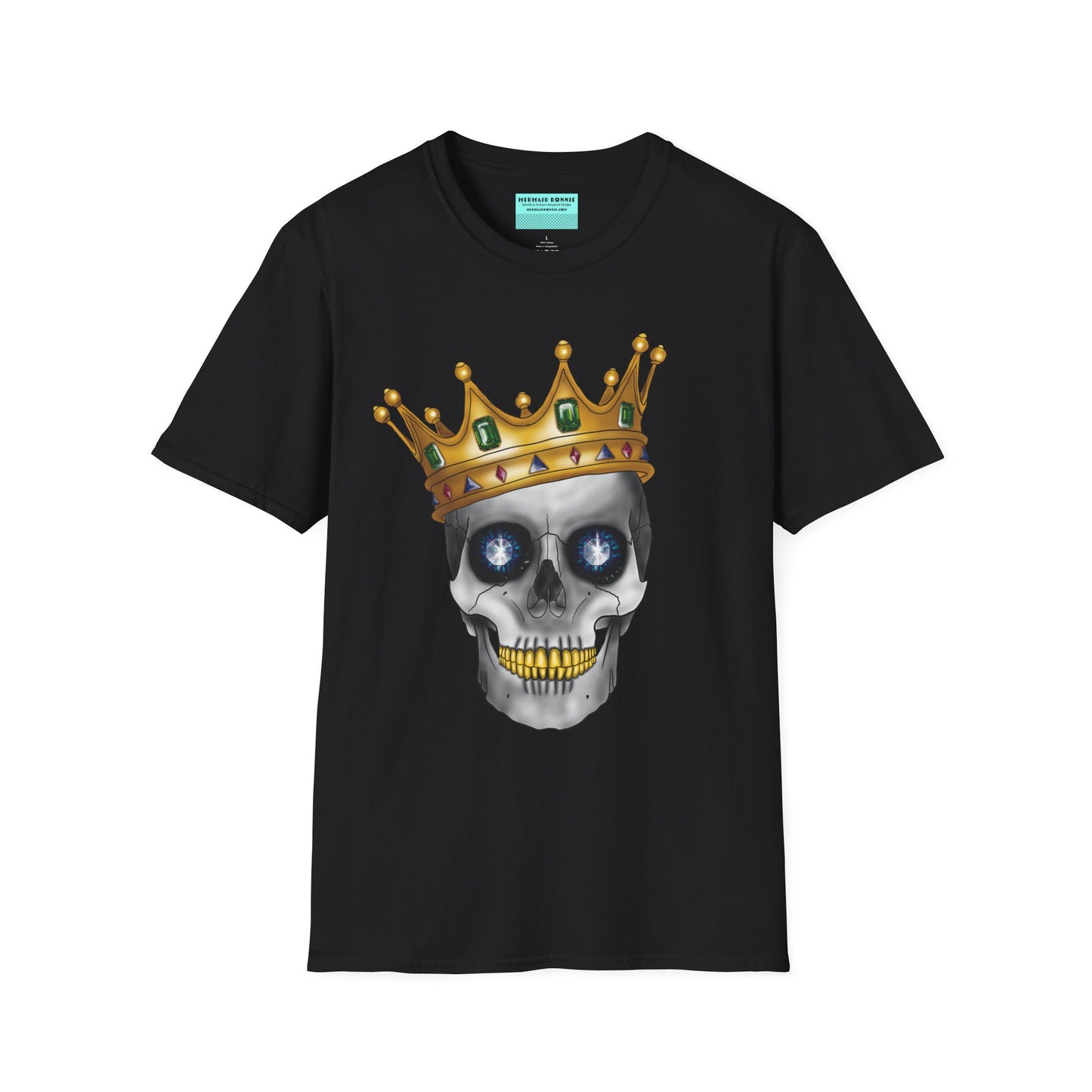 Black t-shirt featuring an anatomical skull wearing an ornate crown, with gold teeth, large sapphire gemstones in the eye sockets, and emeralds and rubies decorating the crown.