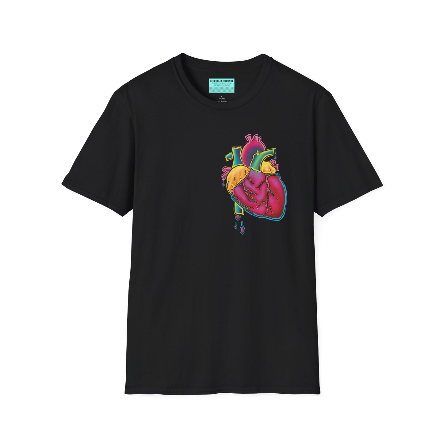 Black unisex short sleeve t-shirt featuring a bold neon anatomical heart front and off-center, complete with dripping blood vessels—because nothing says “wear your heart on your sleeve” like wearing it smack on your chest in highlighter tones.