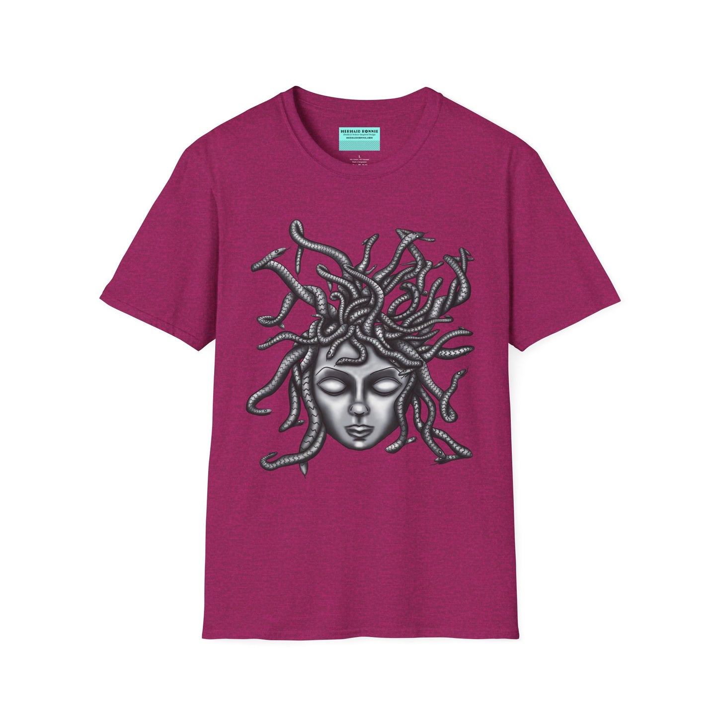 Fuscia t-shirt featuring a grayscale drawing of Medusa.