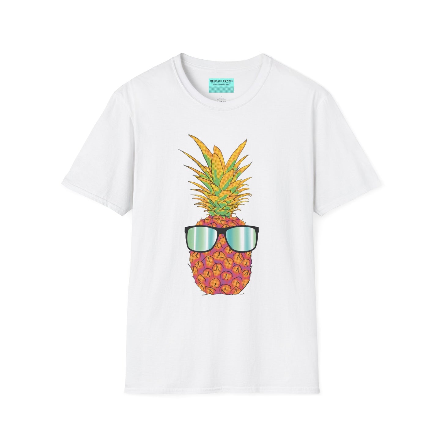 White t-shirt featuring a drawing of a pineapple wearing sunglasses.