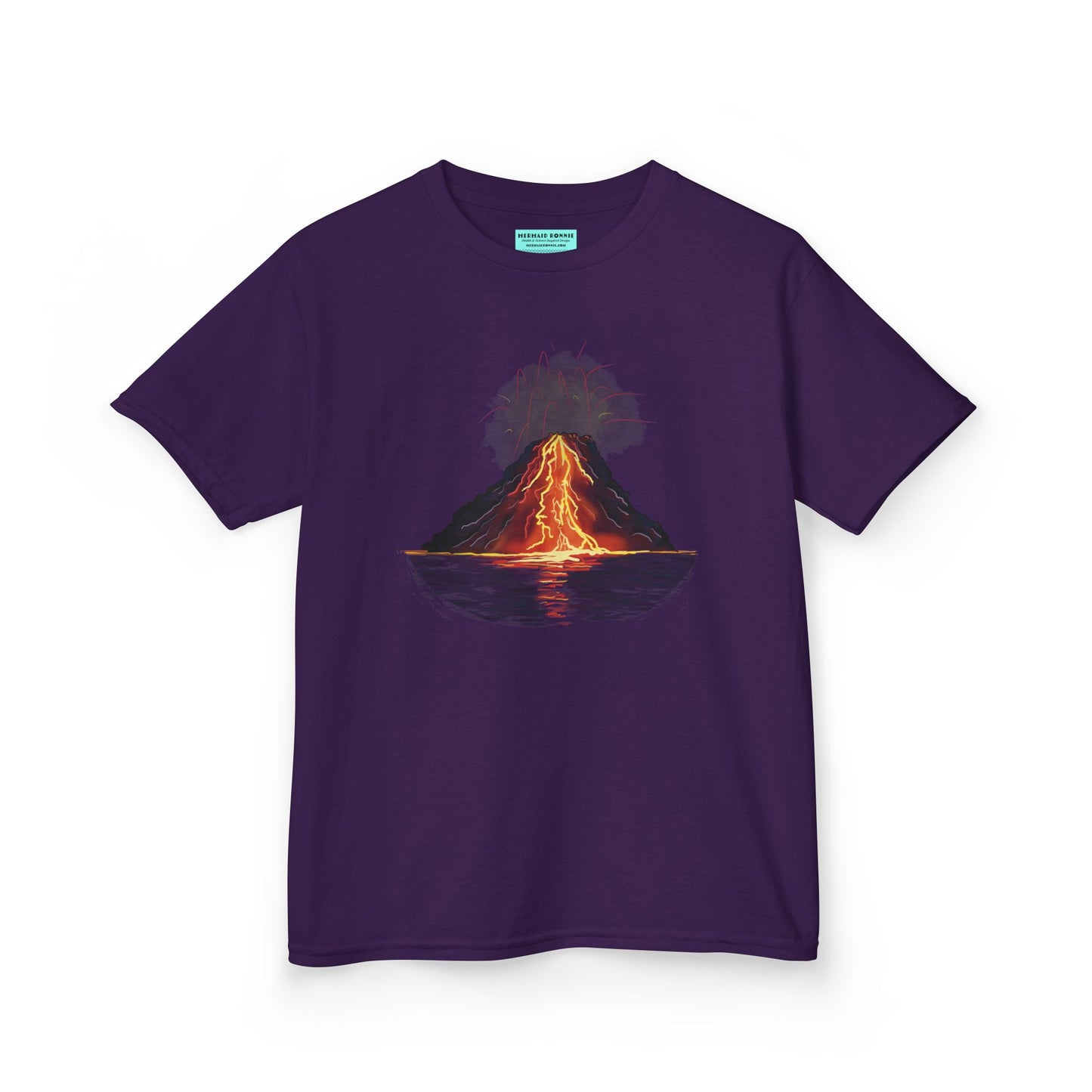A purple kid's t-shirt featuring a fiery illustration of an erupting volcano—because even the most explosive adventures start with a great outfit!