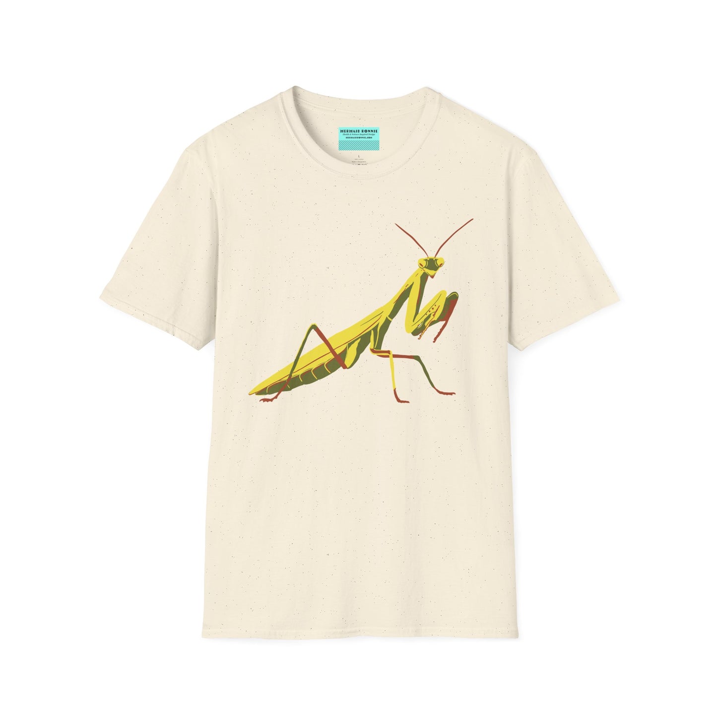 Beige t-shirt featuring an illustration of a green praying mantis on the front.