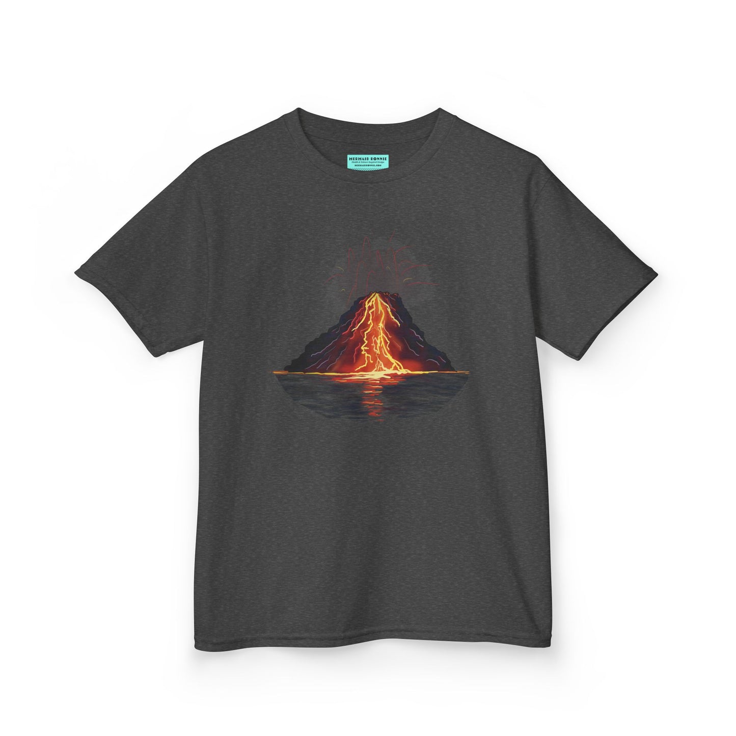 A grey kid's t-shirt featuring a fiery illustration of an erupting volcano—because even the most explosive adventures start with a great outfit!