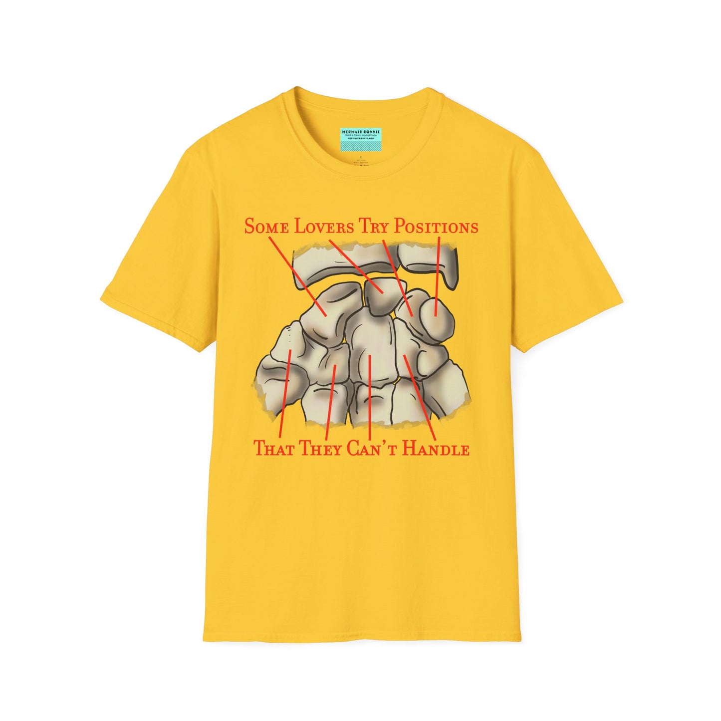 Yellow t-shirt featuring an anatomical drawing of the carpal bones, with the mnemonic 'Some lovers try positions that they can't handle' displayed.