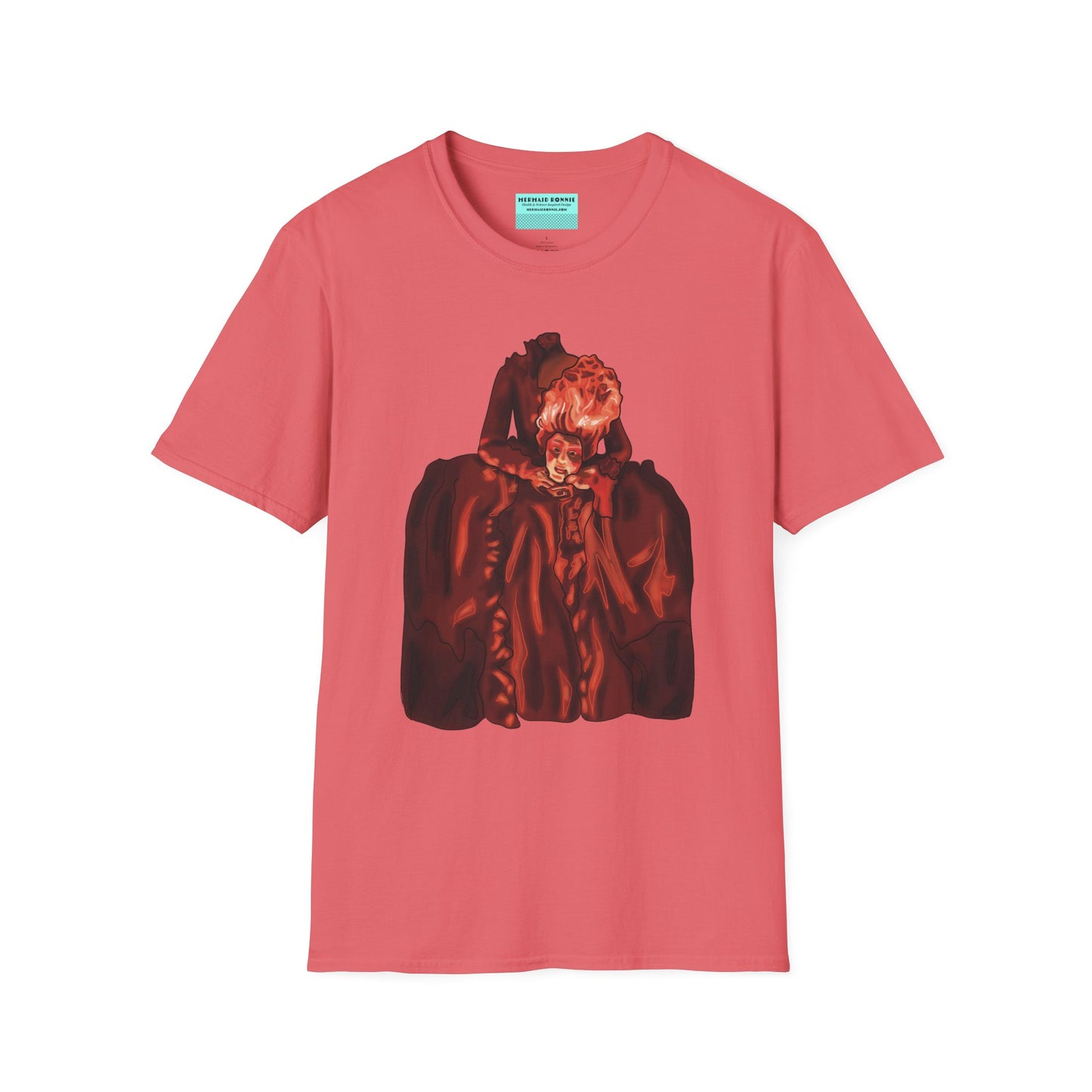 Coral t-shirt featuring an illustration of a headless Marie Antoinette holding her own head in her hands.