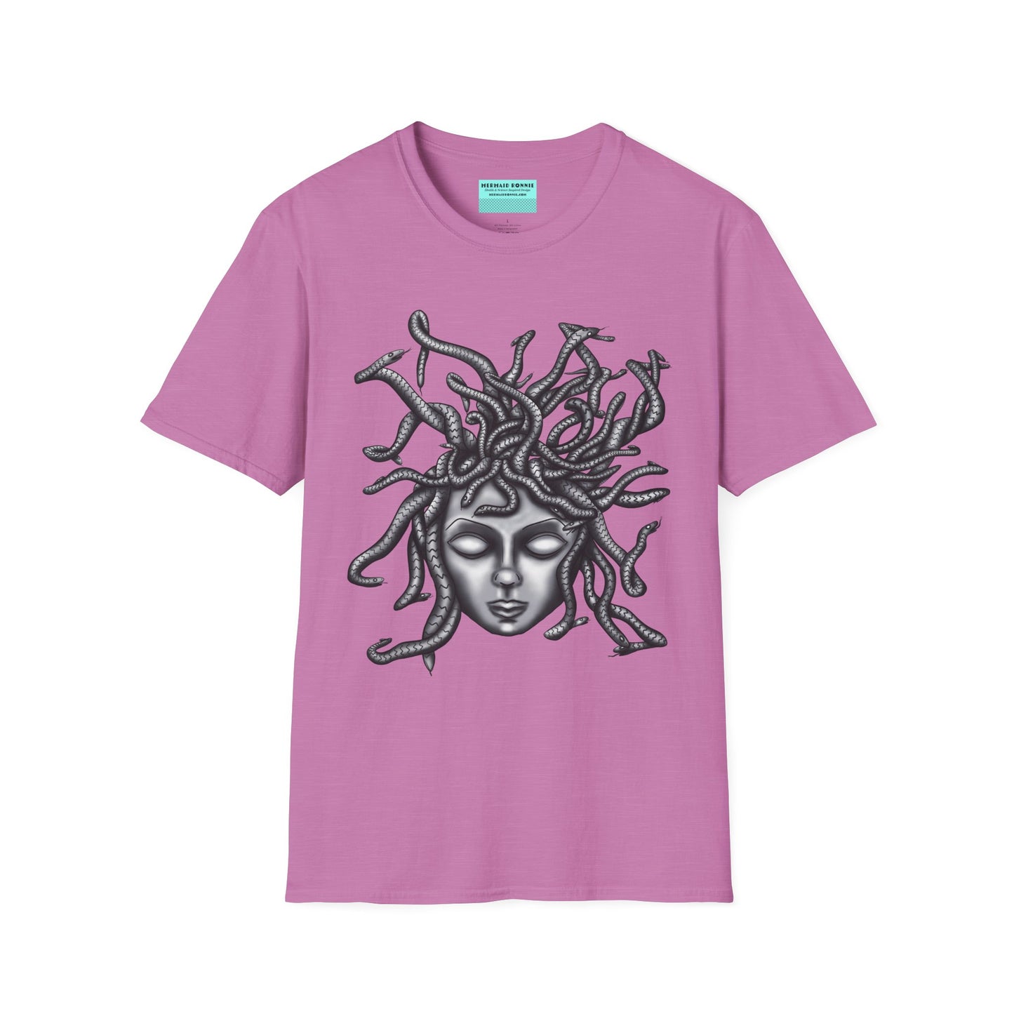 Light purple t-shirt featuring a grayscale drawing of Medusa.